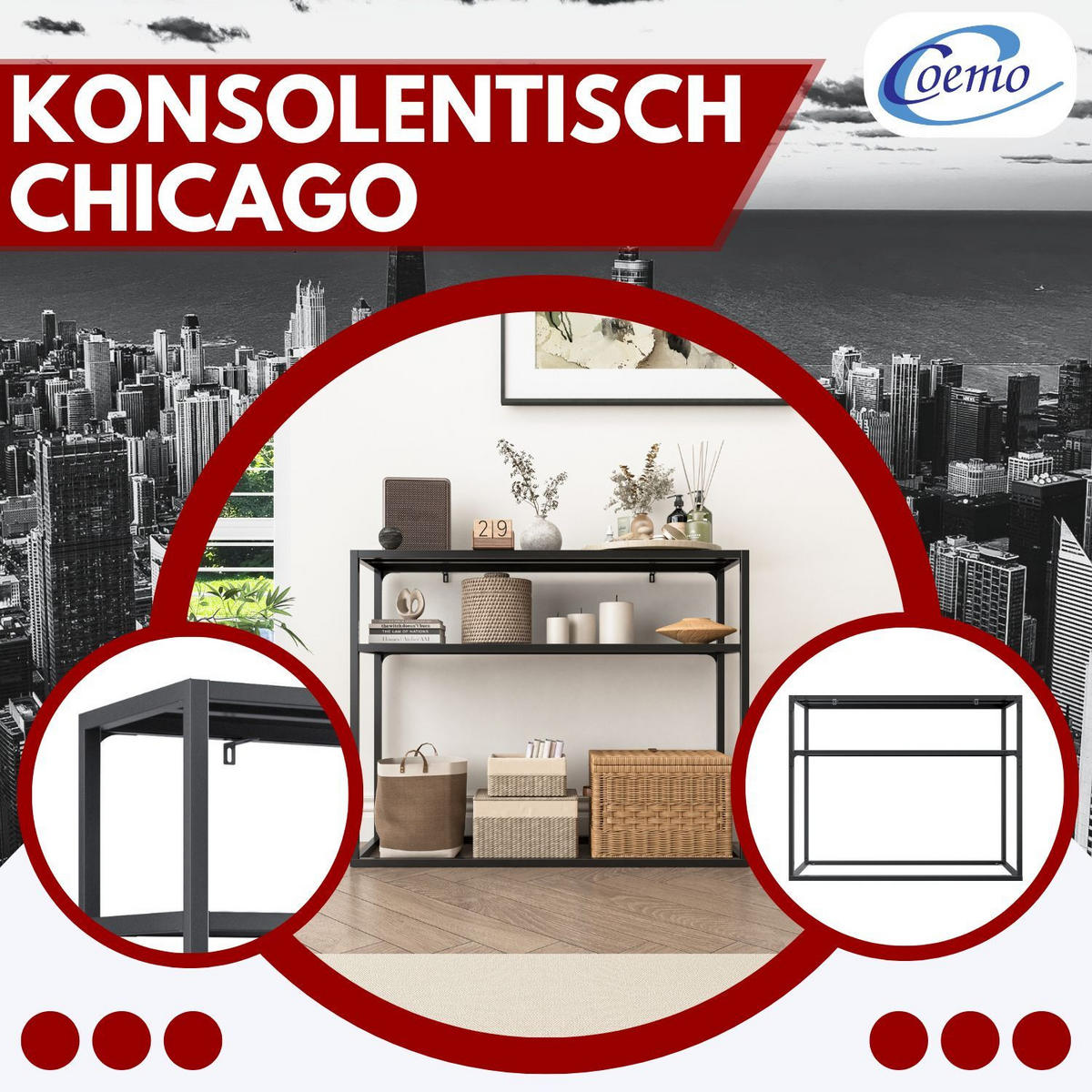 KONSOLENTISCH CHICAGO Metall Schwarz 100/34/80 cm - Schwarz, Metall (100/34/80cm) - Coemo