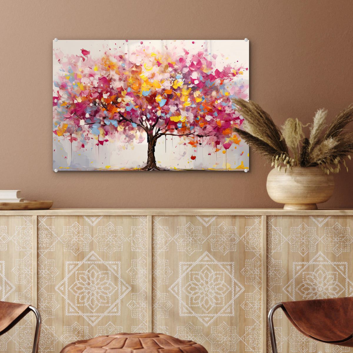 ACRYLGLASBILD Aquarell - Baum - Kunst - Abstrakt 60x40 cm - Multicolor, Glas (60/40cm) - MuchoWow
