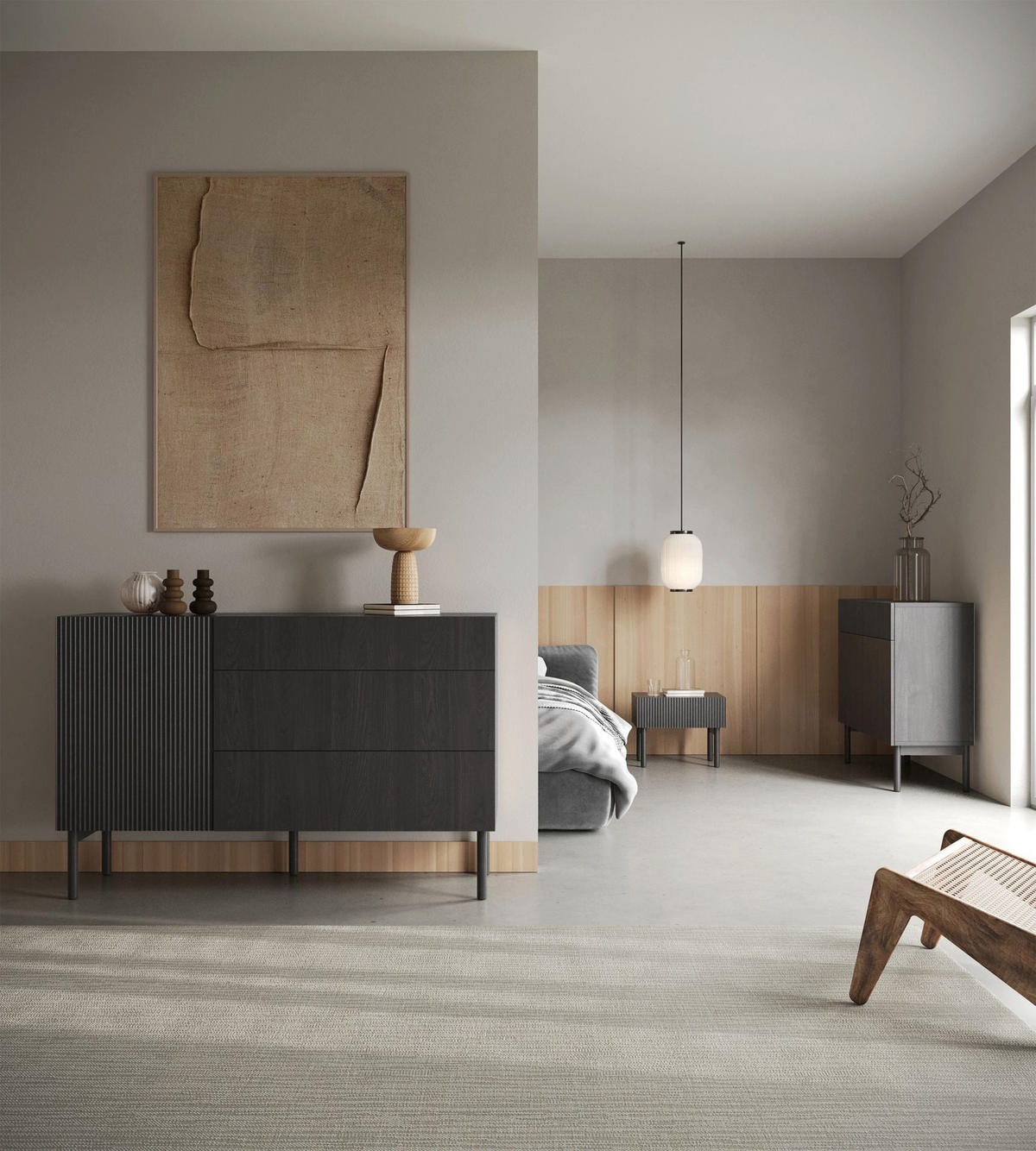 KOMODA Nolie dekor jaseň čierna s 3 zásuvkami 140 cm - čierna, drevo/kompozitné drevo (140/90.6/38cm) - Selsey
