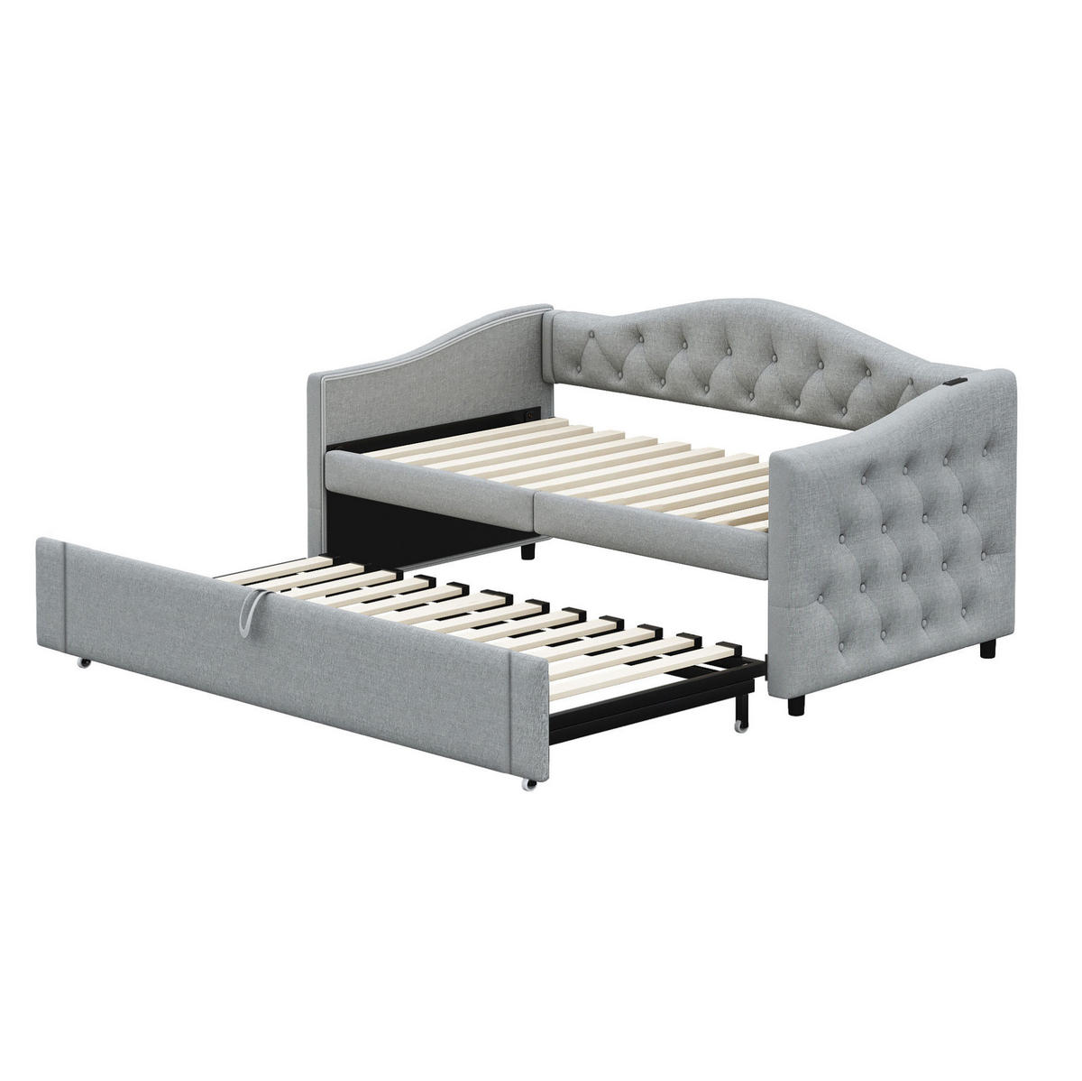 POLSTERBETT aus Leinen 90x200 cm Grau mit USB-Anschluss, ausziehbarer Funktion und Lattenrost - Grau, Textil (90/200cm) - Modfu