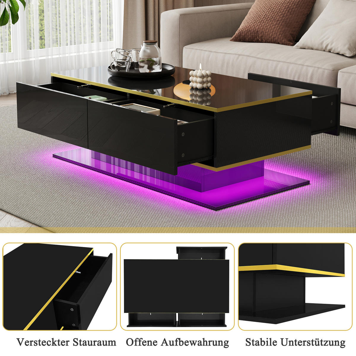 COUCHTISCH 100/50/40 cm in Schwarz/Gold mit LED-Beleuchtung und 3 Schubladen - Schwarz, Holzwerkstoff (100/50/40cm) - Flora Grace