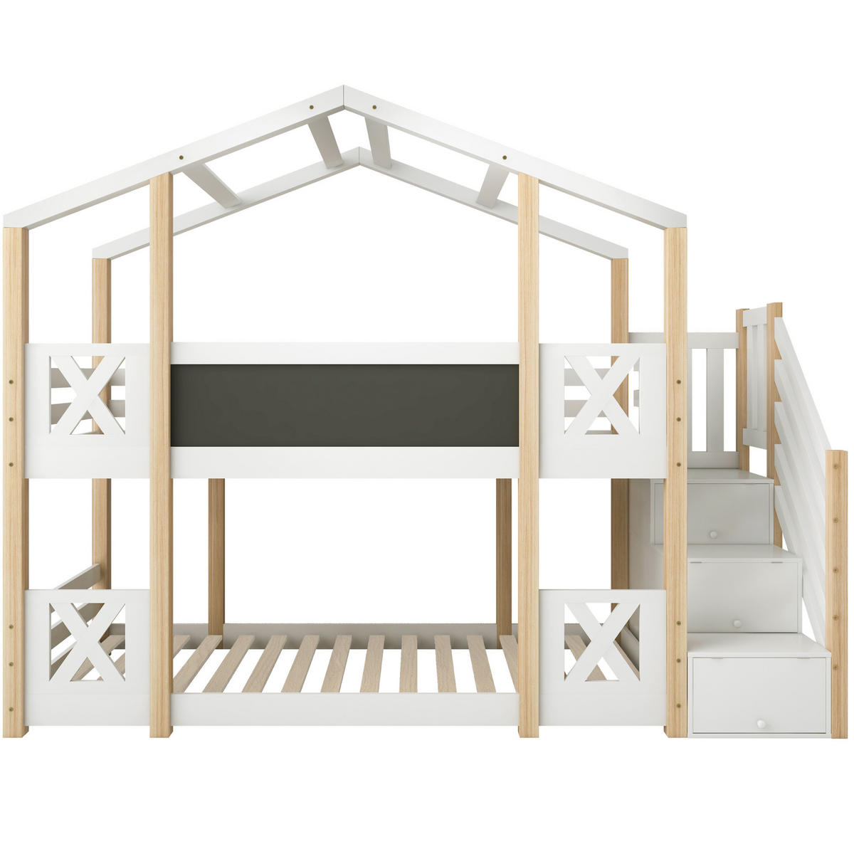 HAUSBETT 90/200 cm in Weiß/Natur mit Treppe, Stauraum und Tafel - Weiß, Holzwerkstoff (90/200cm) - BEAOK