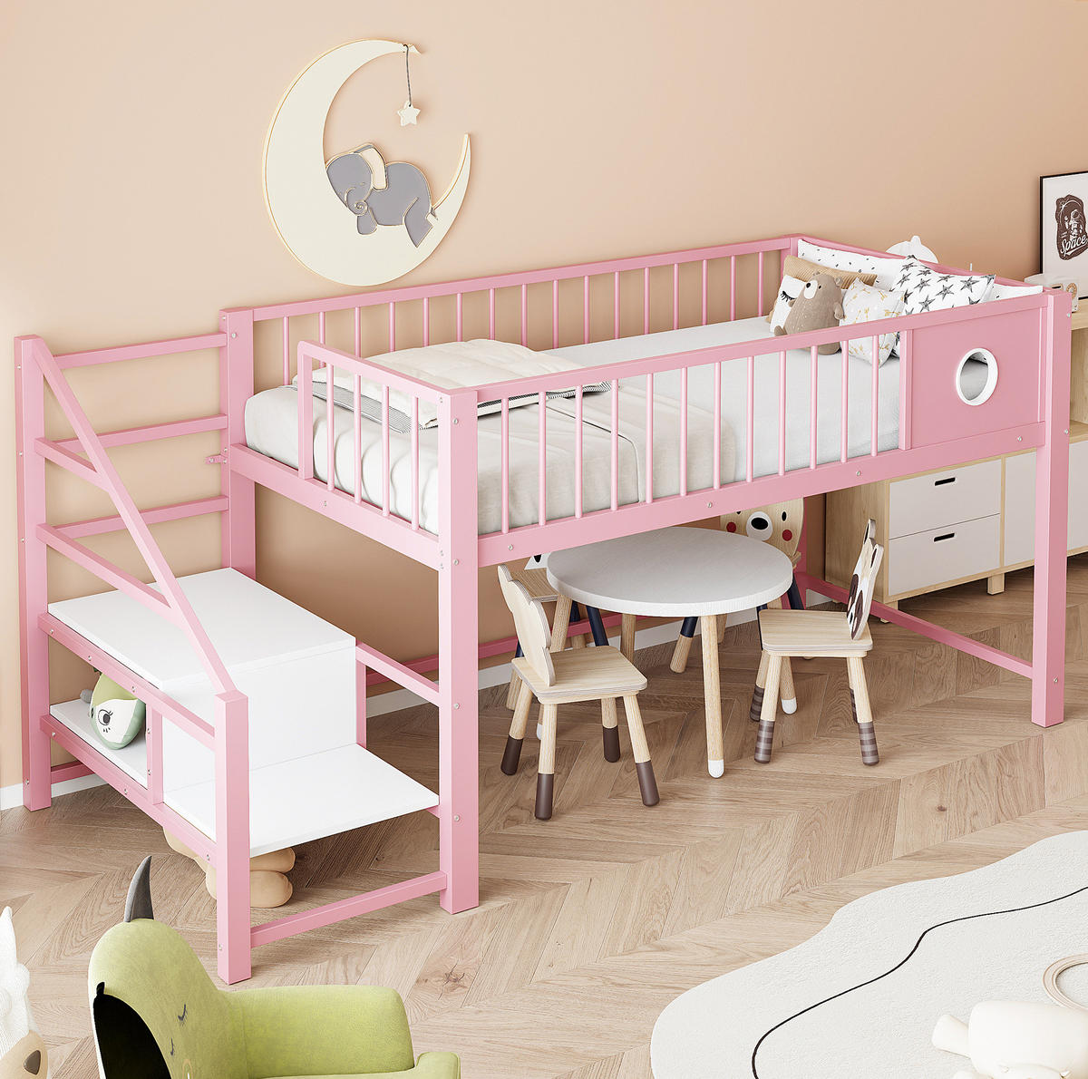 VÝŠKOVÁ posteľ 90/200 cm ružová s úložným priestorom a rebríkom z kovu - ružová, kov (90/200cm) - OKWISH