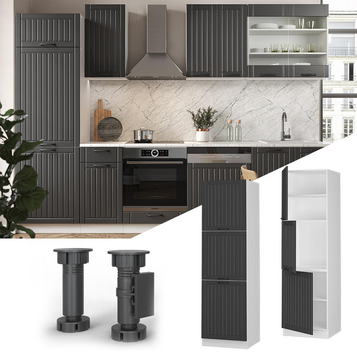 HERDUMBAUSCHRANK Fame-Line Anthrazit Landhaus 60 cm - Dunkelgrau/Anthrazit, Holzwerkstoff (60/206.8/58cm) - Vicco