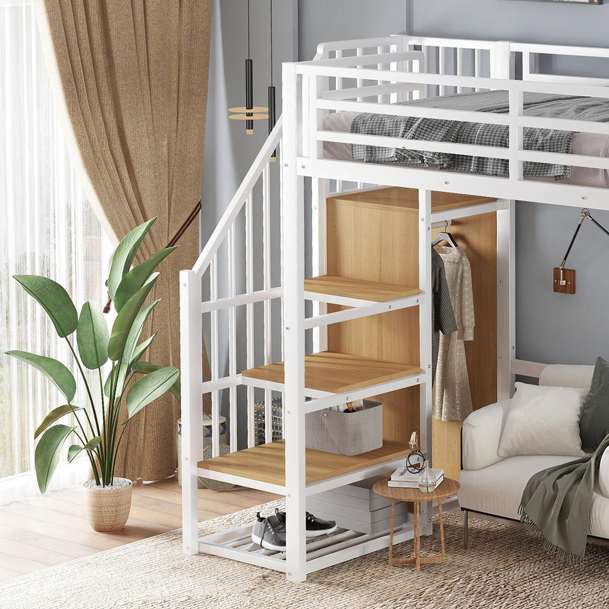 HOCHBETT 90/200 cm in Weiß/Natur – mit Rausfallschutz, Eckleiter und Regal - Weiß, Metall (90/200cm) - BEAOK