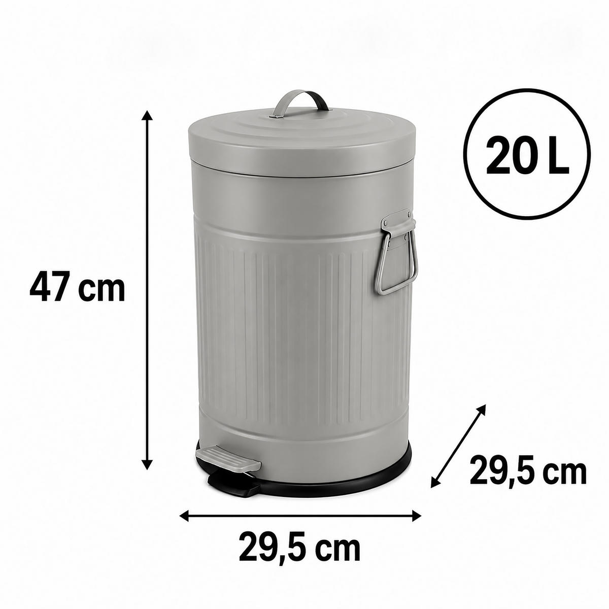 MÜLLEIMER Grau Tretpedal Soft Close Metall 20 l - Grau, Kunststoff/Metall (29.5/47/29.5cm) - Relaxdays