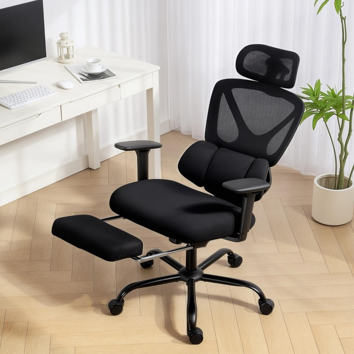 BÜROSTUHL ergonomisch mit Fußstütze Schwarz - Schwarz, Kunststoff (73/128/75cm) - Meubliv