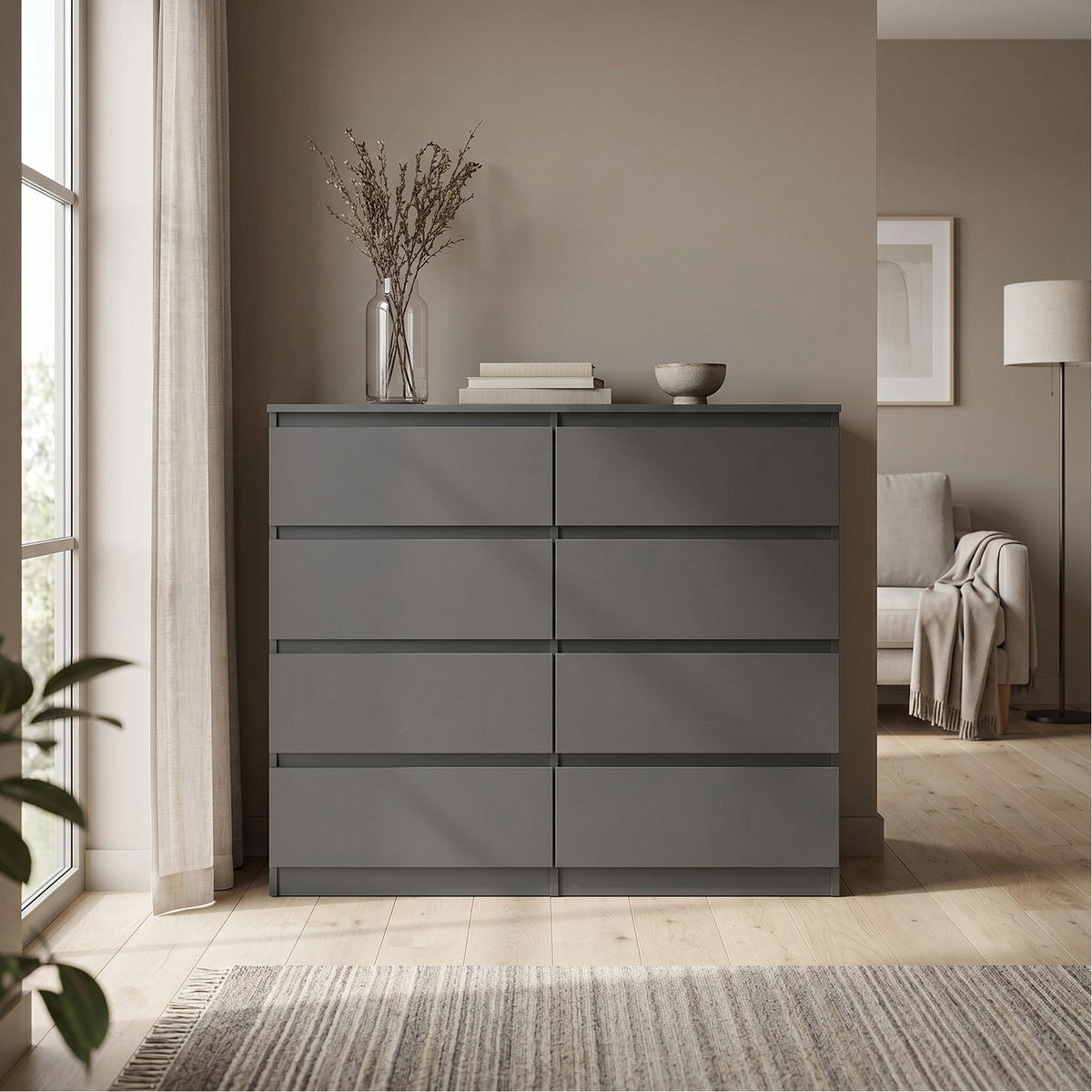 KOMMODE NUDO 120/101,5/39cm mit 8 Schubladen Türen Anthrazit - Anthrazit, Holzwerkstoff (120/101.5/39cm) - MASSENO