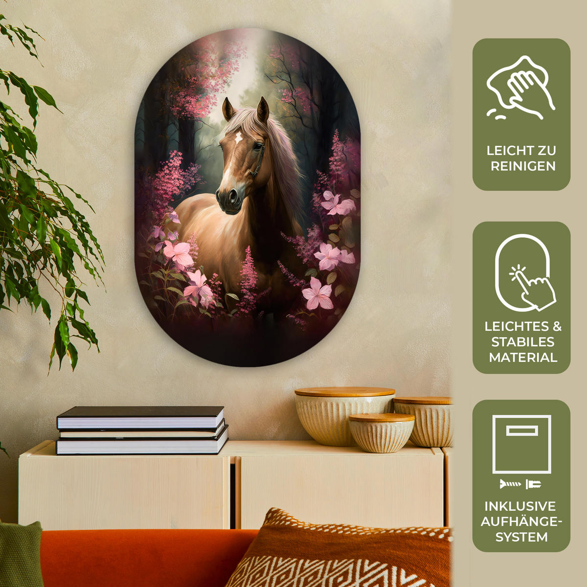 WANDBILD Pferd - Blumen - Rosa - Natur - Wald 60x90 cm - Altrosa, Kunststoff (60/90cm) - MuchoWow