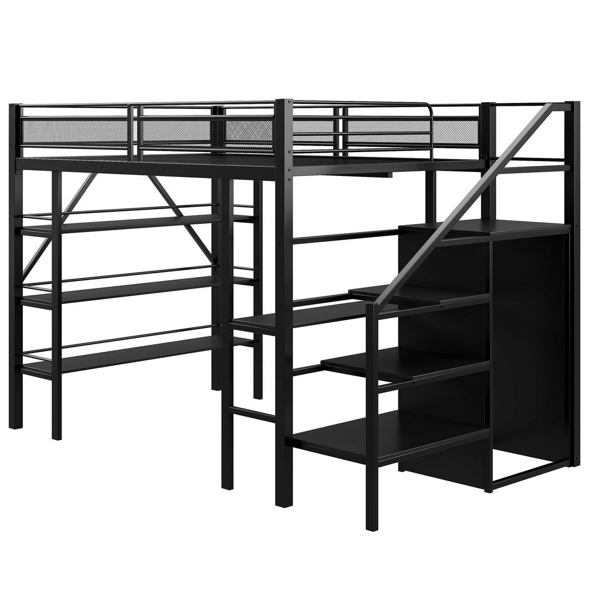 HOCHBETT aus Metall 140x200 cm Schwarz mit Schreibtisch, Kleiderschrank, Regal und Sicherheitstreppe - Schwarz, Metall (90/200cm) - Modfu