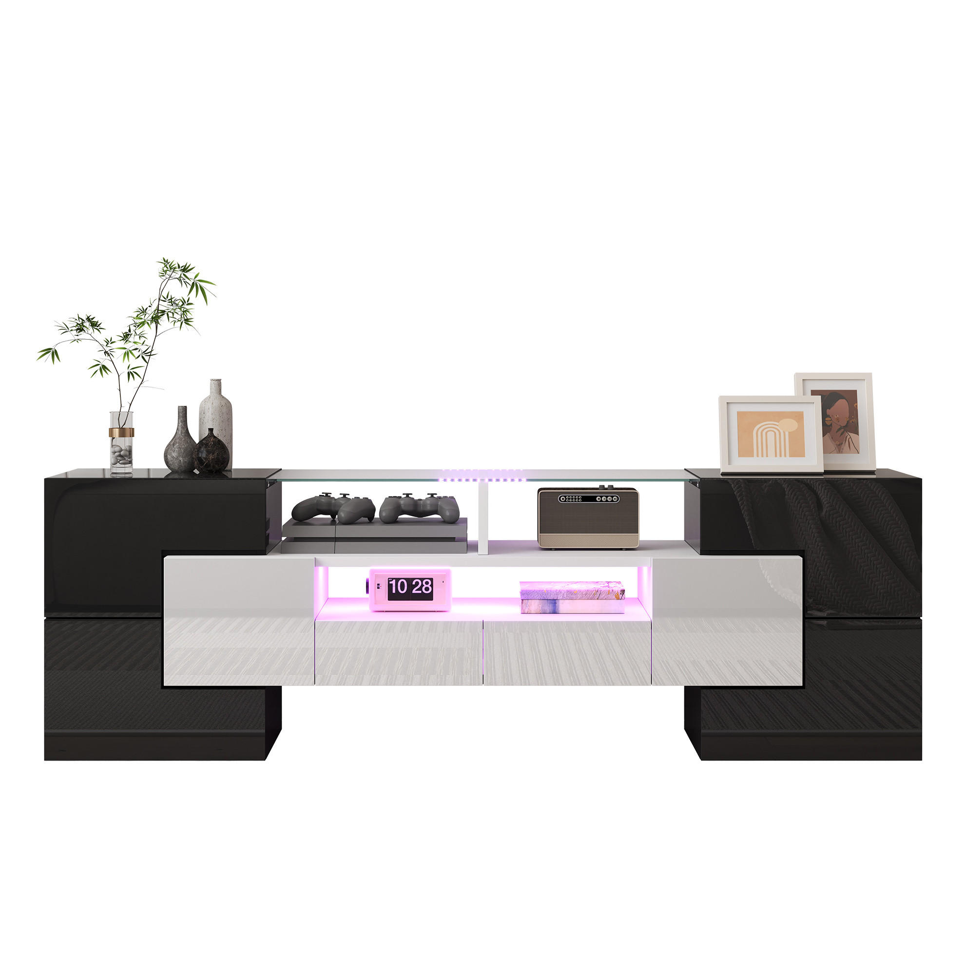 TV-SCHRANK aus Holzwerkstoff 145x30x51 cm Weiß/Schwarz mit LED-Beleuchtung und viel Stauraum - Weiß, Holzwerkstoff (145/51/30cm) - Modfu