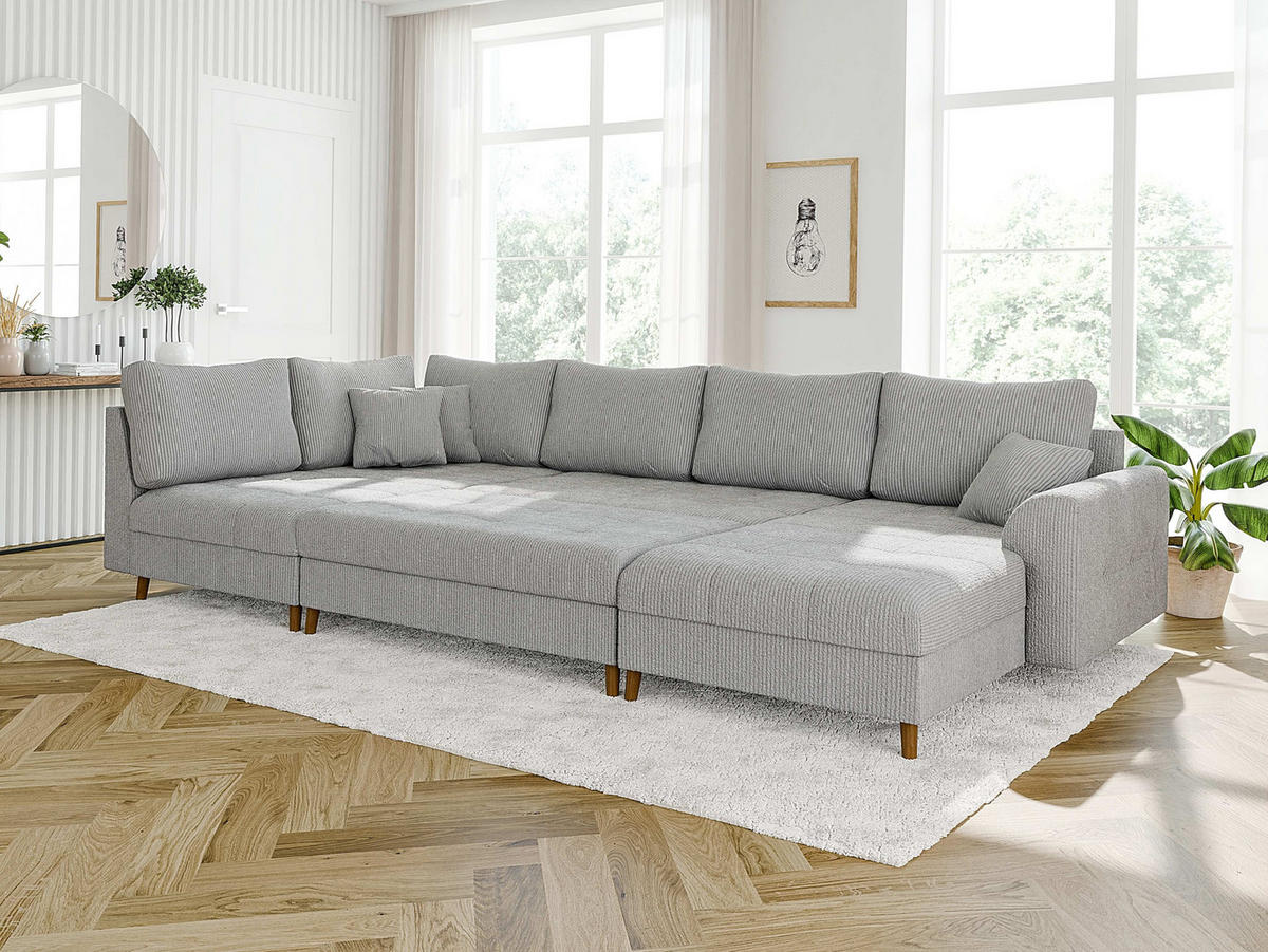WOHNLANDSCHAFT inkl. Hocker Alma Hellgrau Cord - Hellgrau/Braun, Holz/Textil (310/81/161cm) - S-Style Möbel