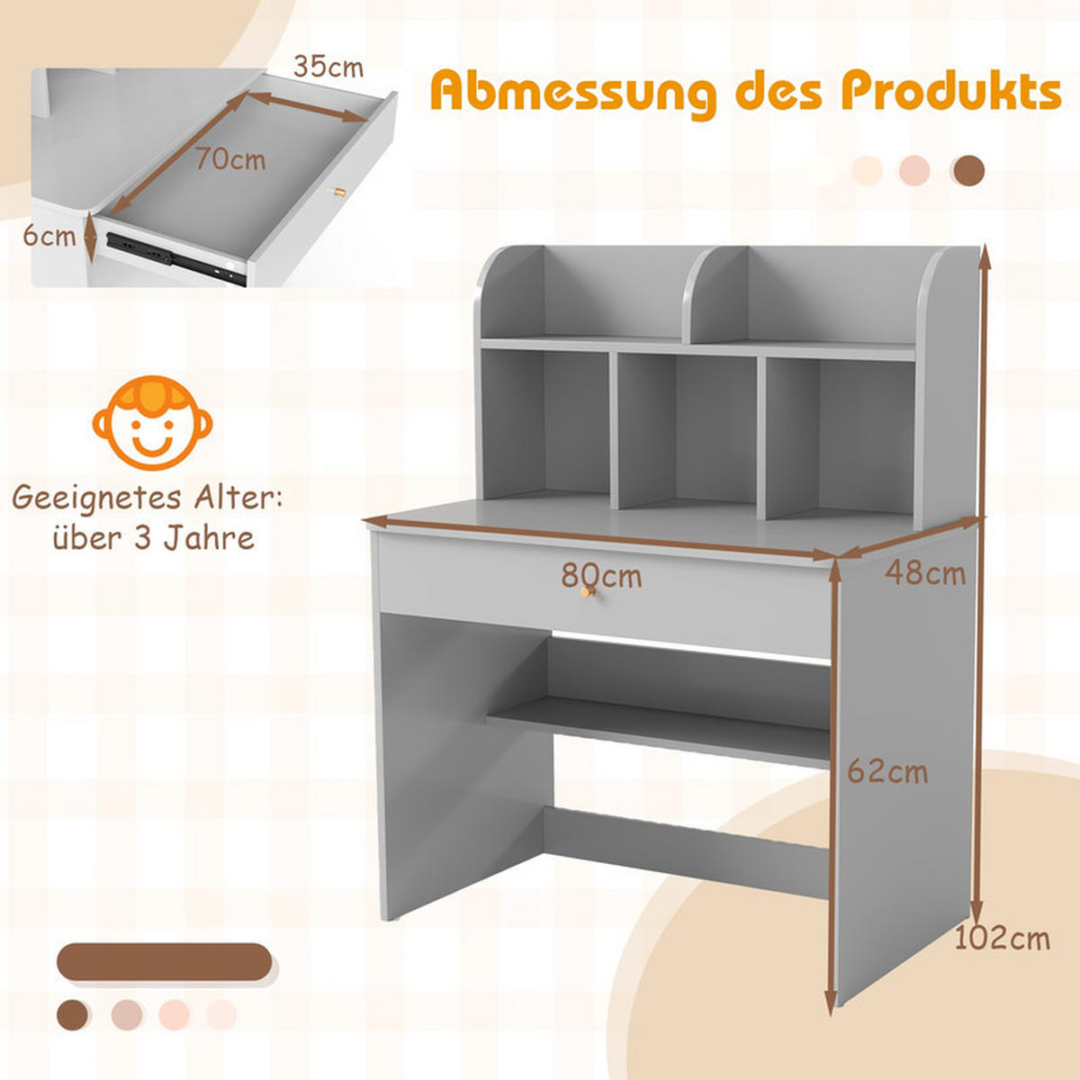 KINDERSCHREIBTISCH aus Holz grau - Grau, Holzwerkstoff (80/102/48cm) - COSTWAY