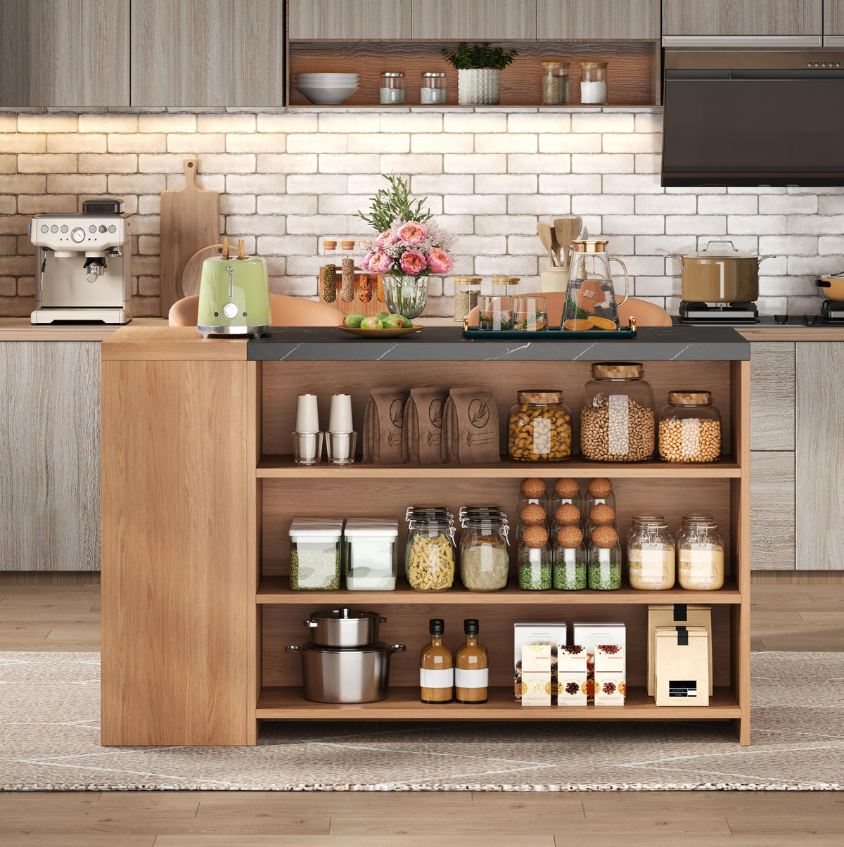 KÜCHENINSEL mit Stauraum 140x60x90 cm Eicheoptik Schwarz - Schwarz, Holz (60/90/140cm) - Beauniv