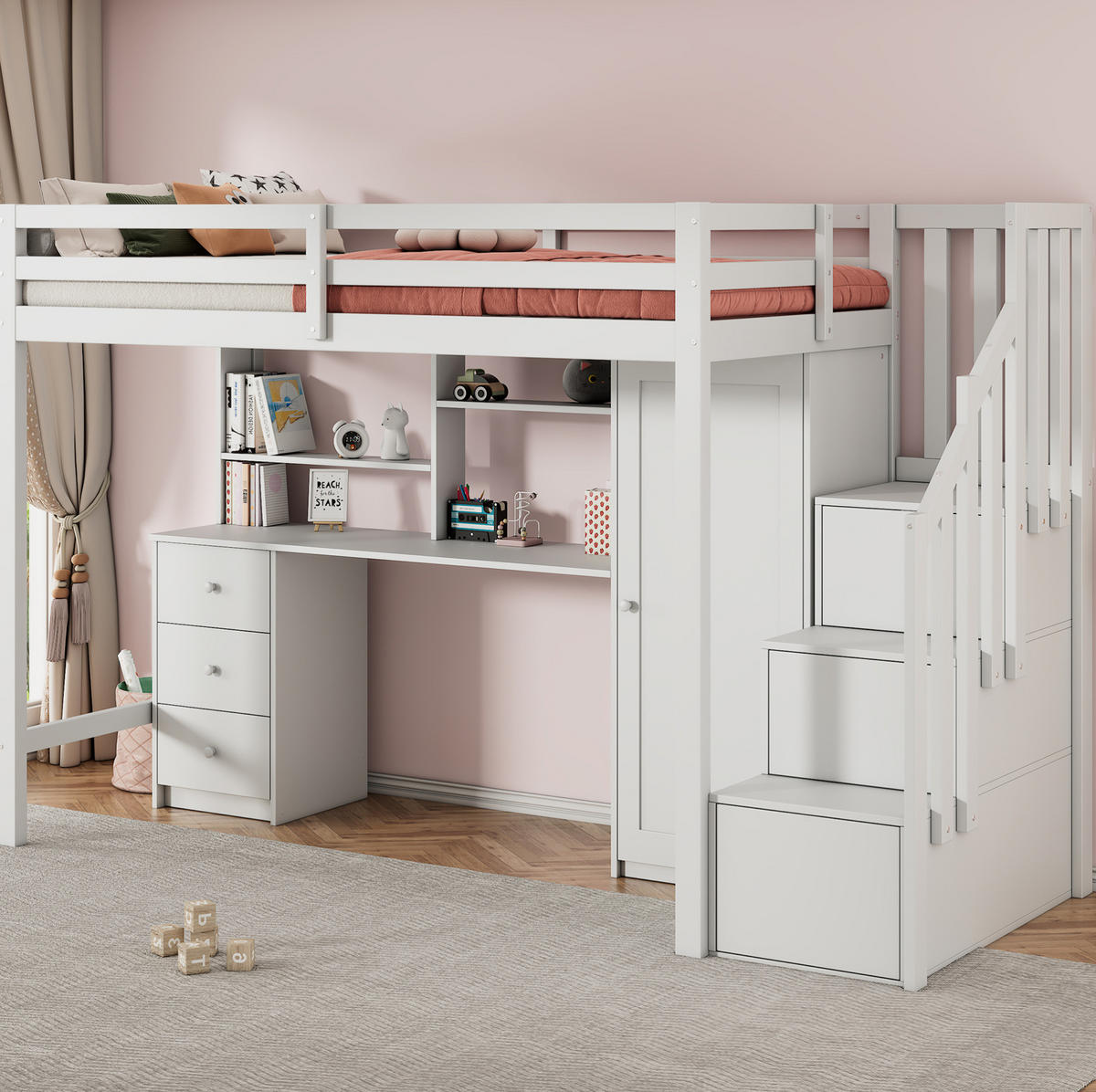 ETAGENBETT 90/200 cm aus Massivholz mit Schreibtisch, Kleiderschrank, Treppe und Schubladen, Weiß - Weiß, Holz (90/200cm) - Redom