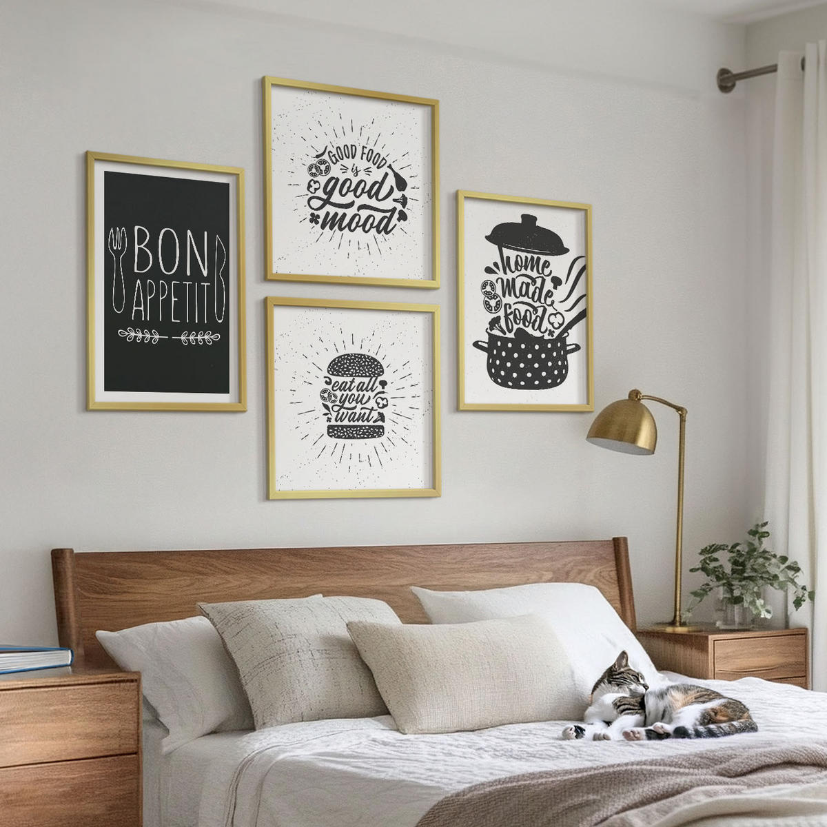 BILDER SET 4er Set - 50x50 cm & 40x60 cm Goldrahmen - Grafiken, Lebensmittel, kulinarische Slogans - Goldfarben, Kunststoff (50/50cm) - TULUP