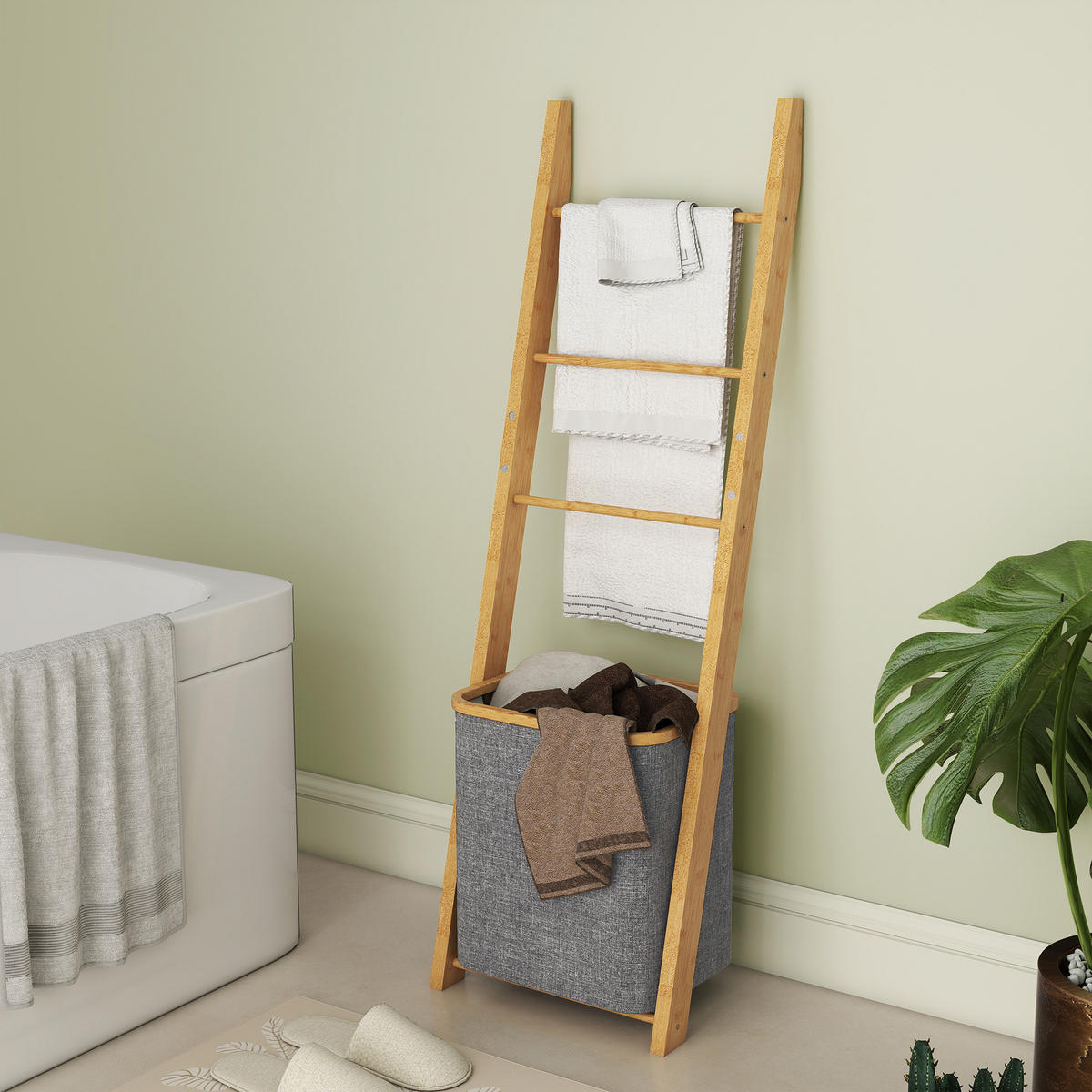 HANDTUCHLEITER DE-17344 mit Wäschekorb (48 l) & 3 Stangen Grau - Grau, Naturmaterialien (43/133/35cm) - ComfortXL