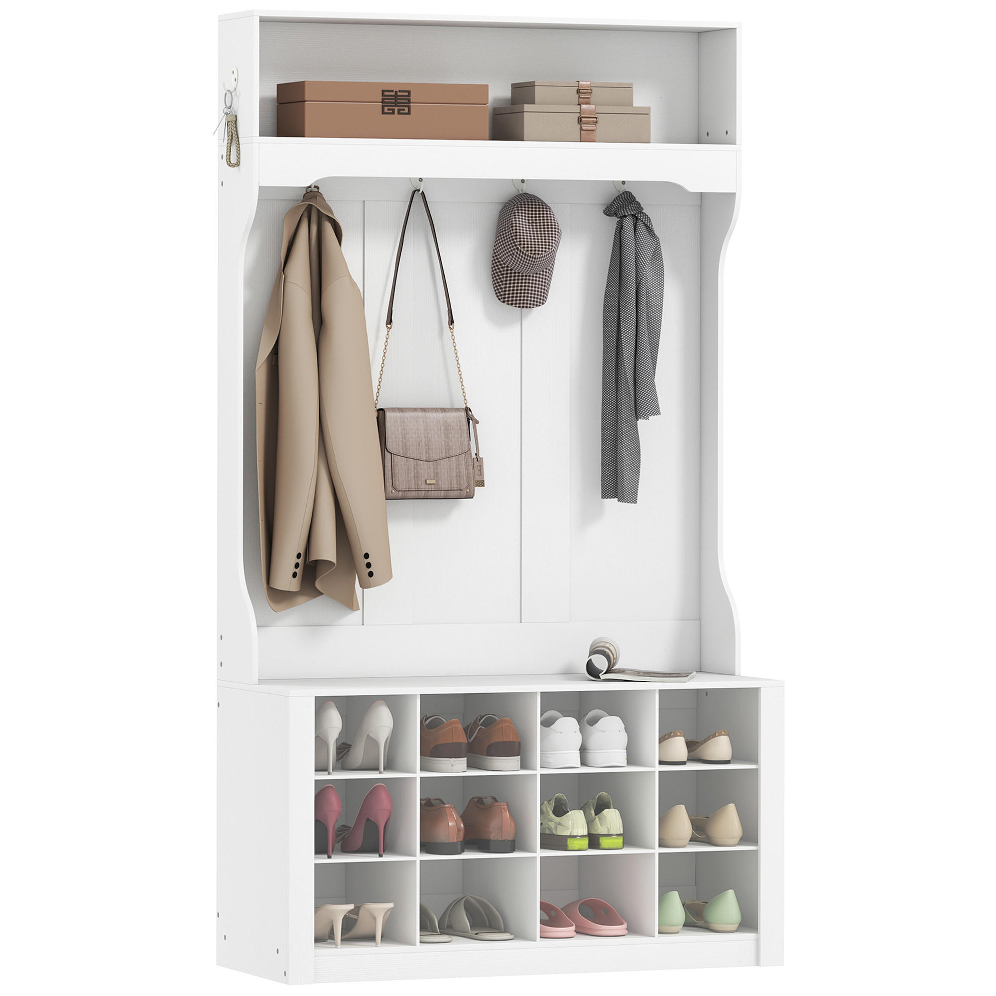 GARDEROBE Weiß mit Sitzbank und 12 Schuhfächern 100/35/172,2 cm - Weiß, Holzwerkstoff (100/172.2/35cm) - PANGIVO