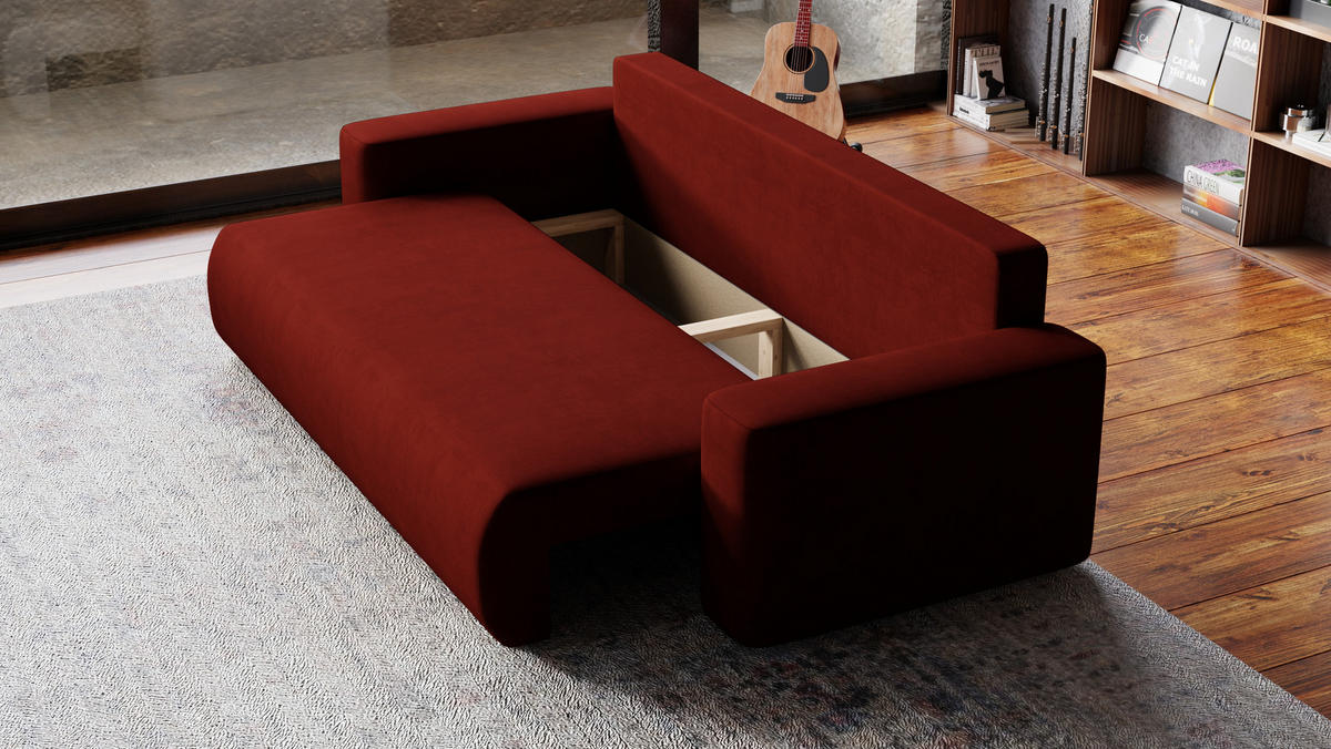 SOFA Bubi mit Bettkasten und Schlaffunktion, Velourstoff - Weinrot, Holzwerkstoff (242/85/95cm)