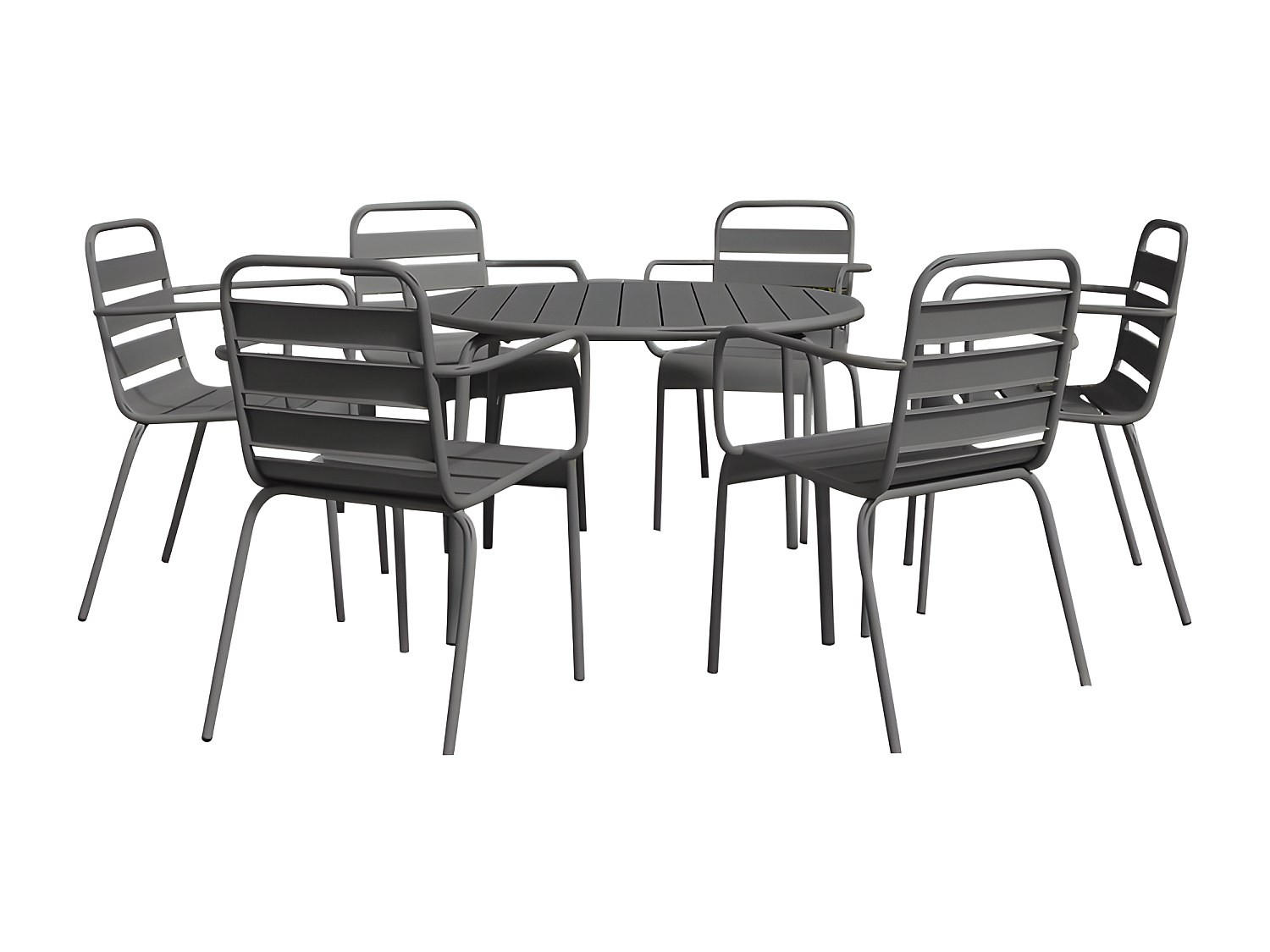 GARTEN-ESSGRUPPE: Tisch rund D. 130 cm + 6 stapelbare Sessel - Metall - Anthrazitgrau - MIRMANDE von MYLIA - Anthrazit, Metall - Vente-Unique