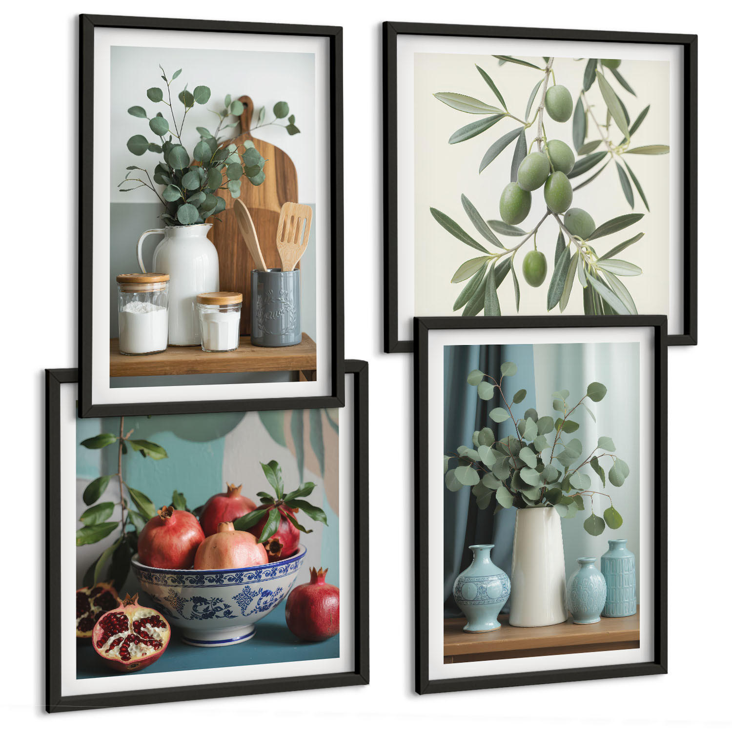 BILDER SET 4er Set - 50x50 cm & 40x60 cm Schwarzer Rahmen - Grüne Oliven, Eukalyptus - Schwarz, Kunststoff (50/50cm) - TULUP