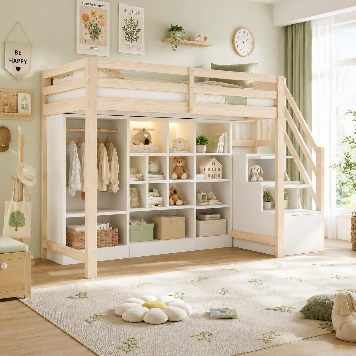 HOCHBETT 90x200cm Holz Stauraum LED Kleiderschrank - Multicolor, Holz (90/200cm) - FLIEKS