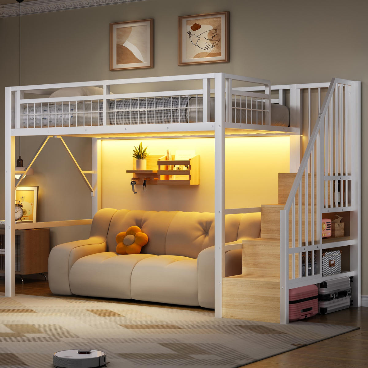 HOCHBETT mit LED und Stauraumtreppe 90x200 cm Metall/MDF Weiß - Weiß, Metall (90/200cm) - Meubliv