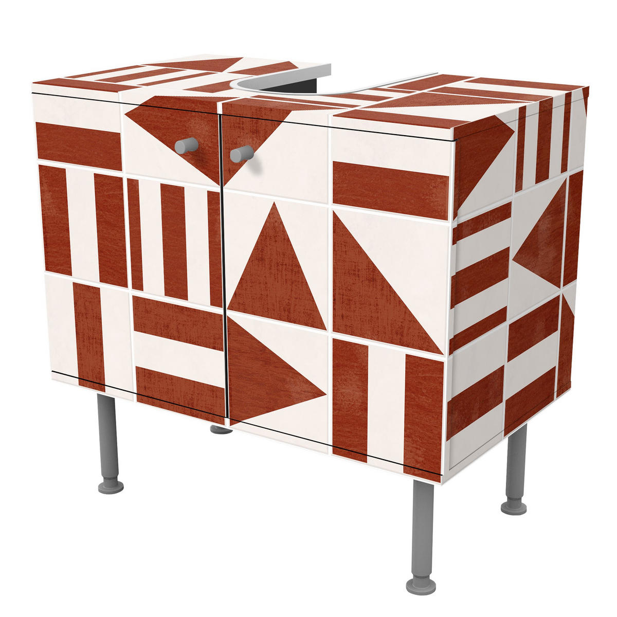 WASCHBECKENUNTERSCHRANK Fliesen mit geometrischen Formen Terracotta Shabby 60/55/35 cm - Rot, Holzwerkstoff (60/55/35cm) - Bilderwelten