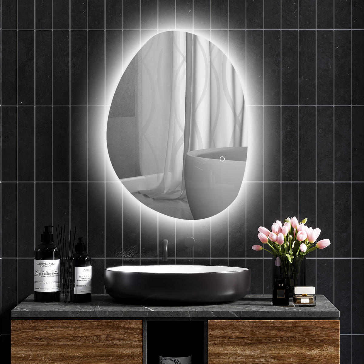 70 x 50 cm Asymmetrischer Badspiegel mit LED-Licht, Anti-Beschlag-Funktion - Silberfarben, Glas (5/50/70cm) - HOMCOM