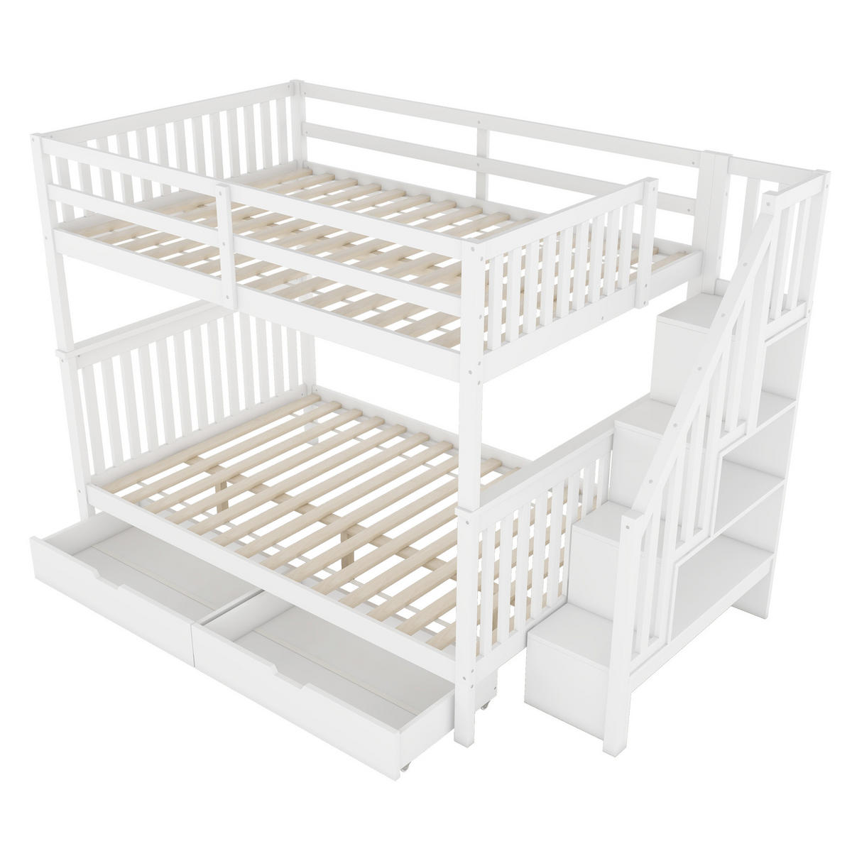 ETAGENBETT 140/200 cm weiß aus Kiefernholz mit Stauraumtreppe - Weiß, Holzwerkstoff (140/200cm) - OKWISH
