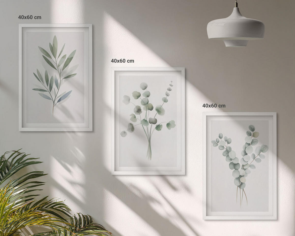 WANDBILDER 3er-Set - 40x60 cm Weißer Rahmen - Pflanzenmuster mit Grün - Weiß, Kunststoff (40/60cm) - ArtPrintCave