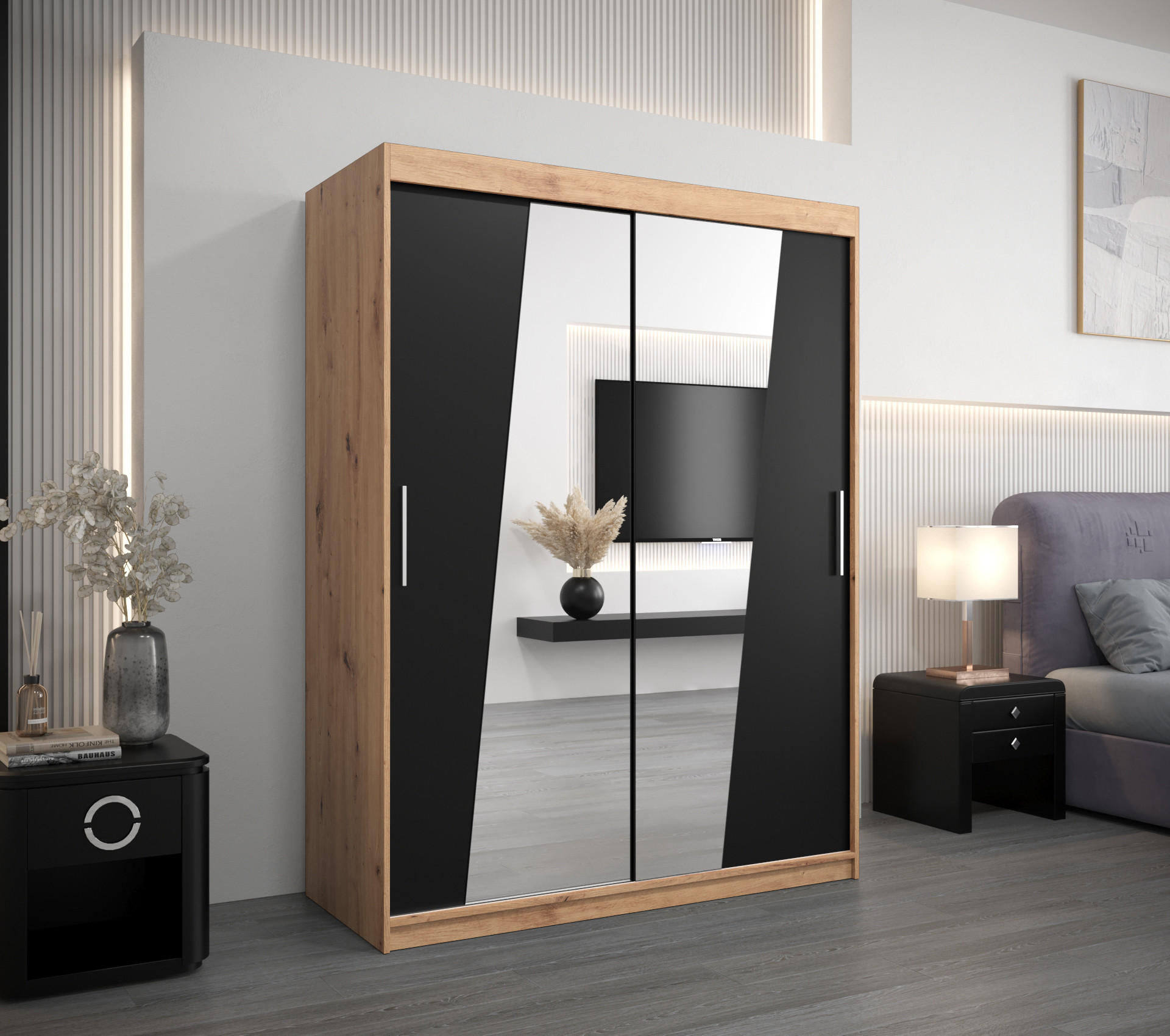 SCHWEBETÜRENSCHRANK 200/150/62 2-türig - Silberfarben/Schwarz, Holz/Kunststoff (150/200/62cm) - Abiks Möbel