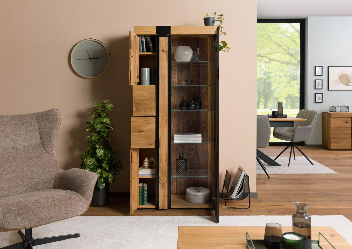 VITRINE Wildeiche 80x45x180 natur geölt ROTTERDAM #111 - Braun, Holz (80/180/45cm) - Massivmoebel24