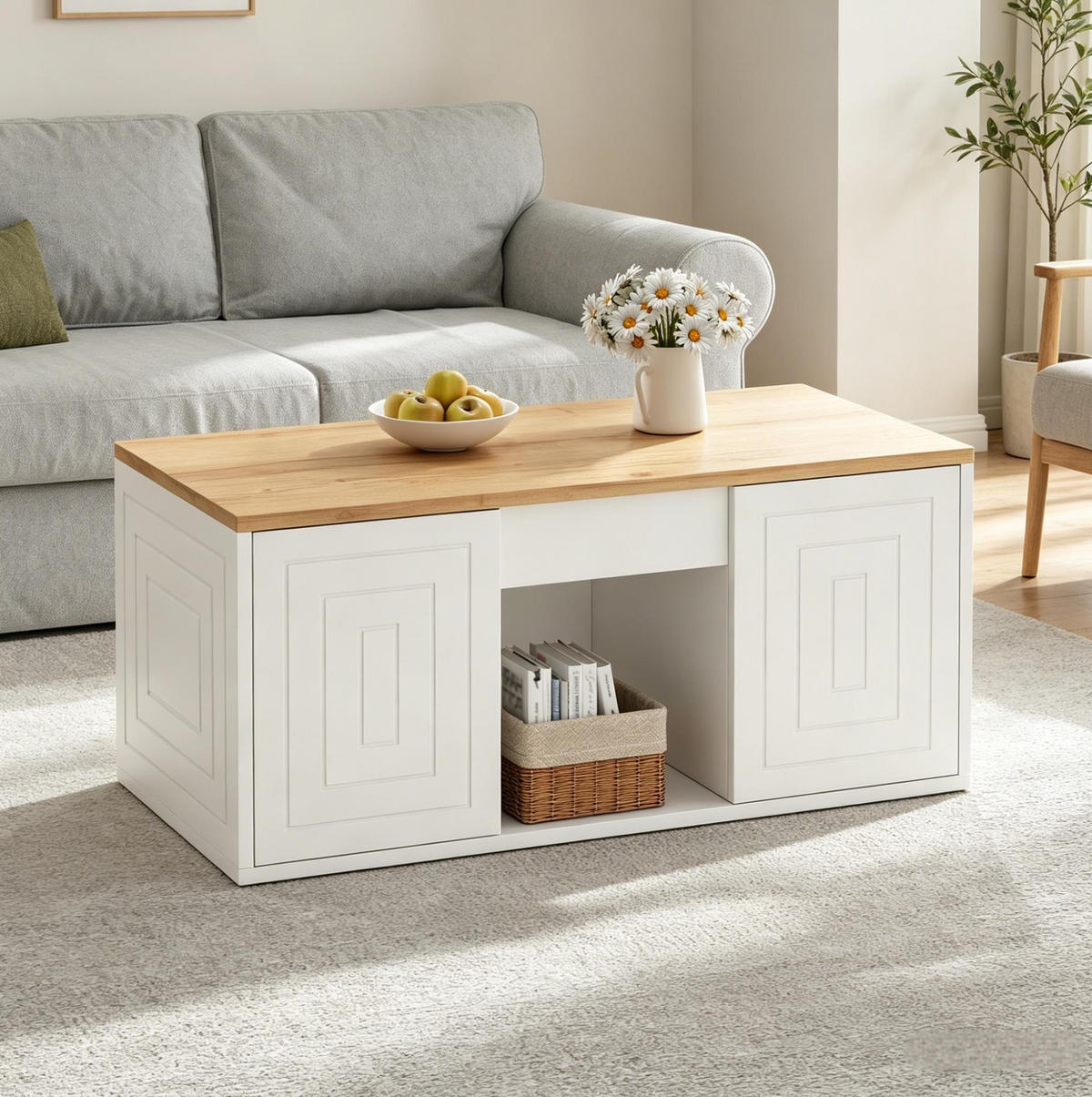 COUCHTISCH höhenverstellbar 95 x 46 x 45 cm Weiß/Natur mit Stauraum - Weiß, Holzwerkstoff (46/95/45cm) - Meubliv