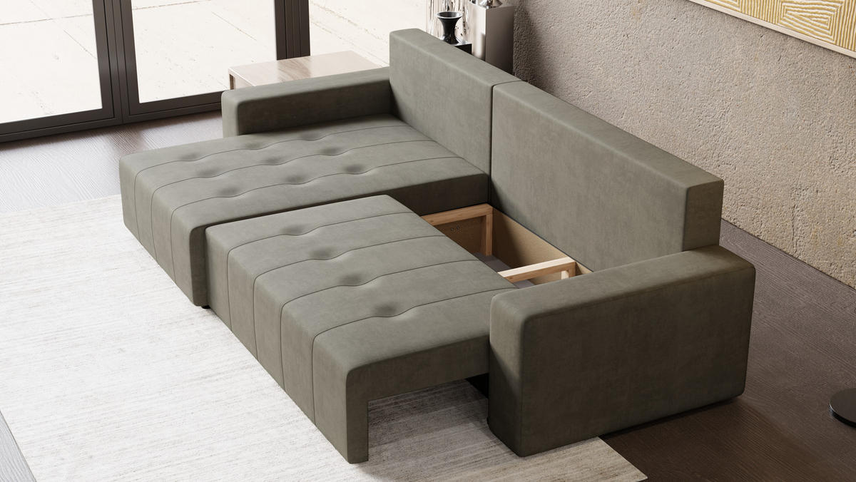 ECKSOFA Tico mit Bettkasten und Schlaffunktion, L-Form/XL-Form, Velourstoff, Universal - Hellgrau, Holzwerkstoff (276/145cm) - 4ALL HOME