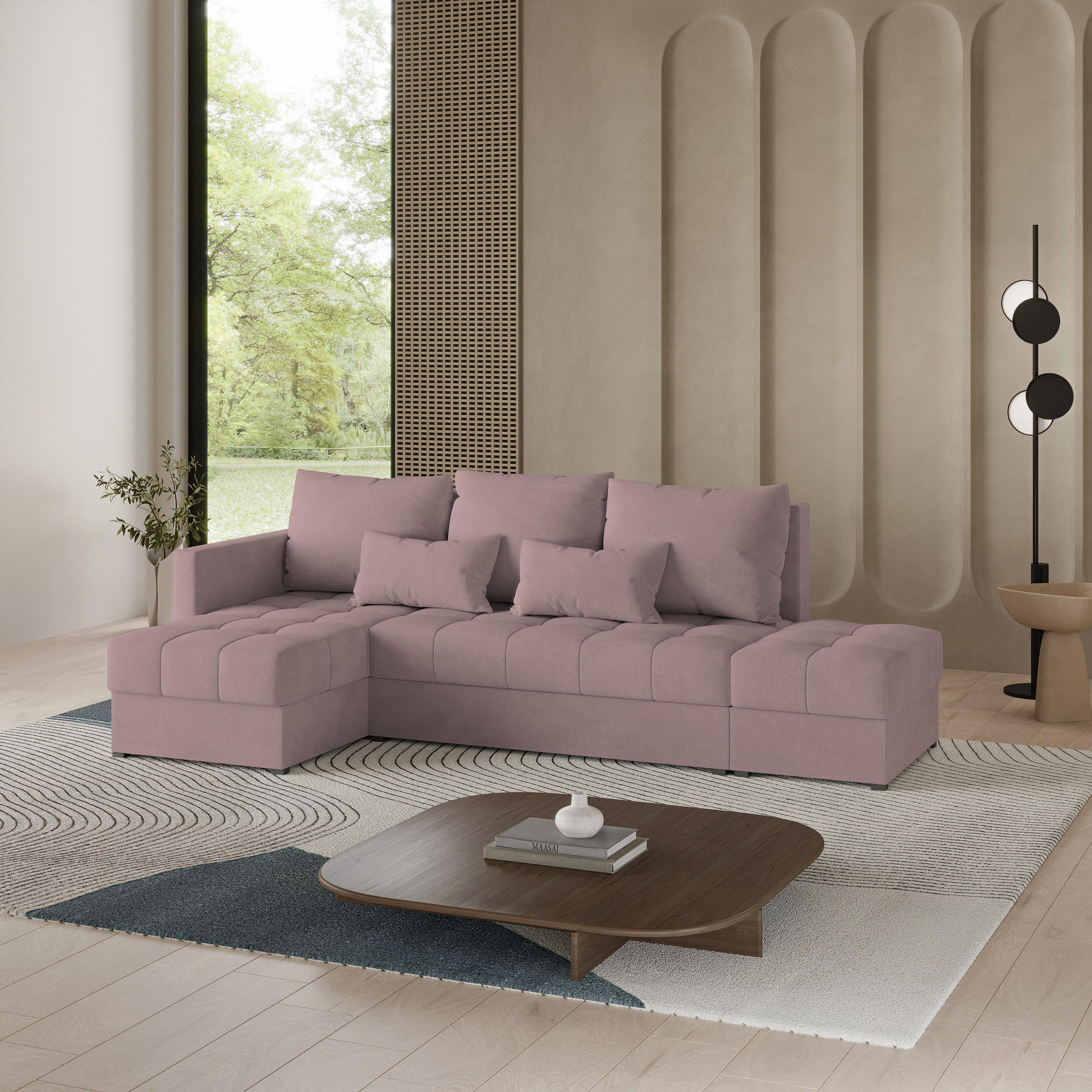 ECKSOFA LUMARI L-S Rosa Plüsch-Stoff mit Schlaffunktion - Rosa, Holz (262/143cm) - MASSENO