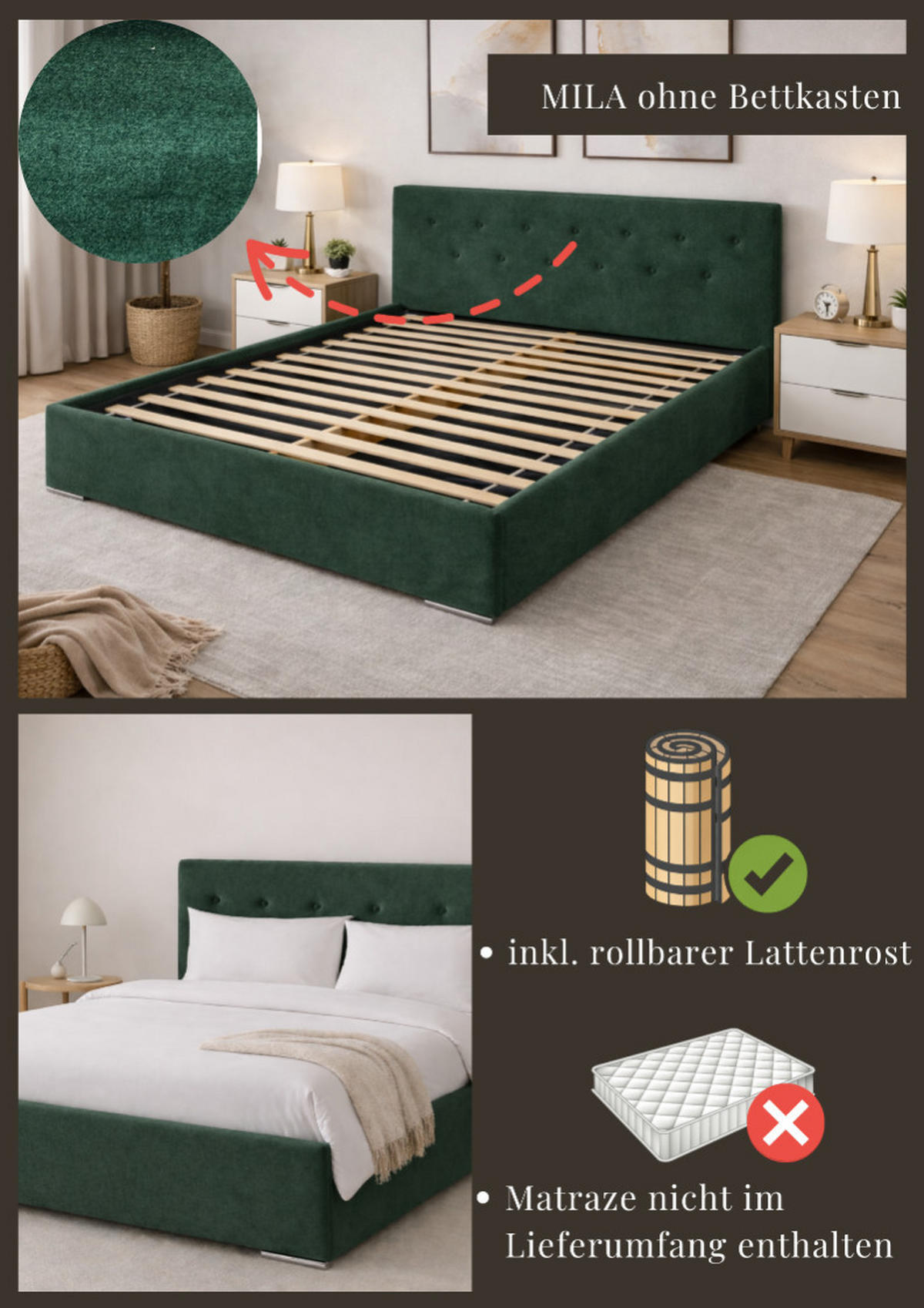 POLSTERBETT MILA 140 mit Lattenrost – Stoff Verso 37 - Grün, Holzwerkstoff (140/200cm) - Kier Furniture