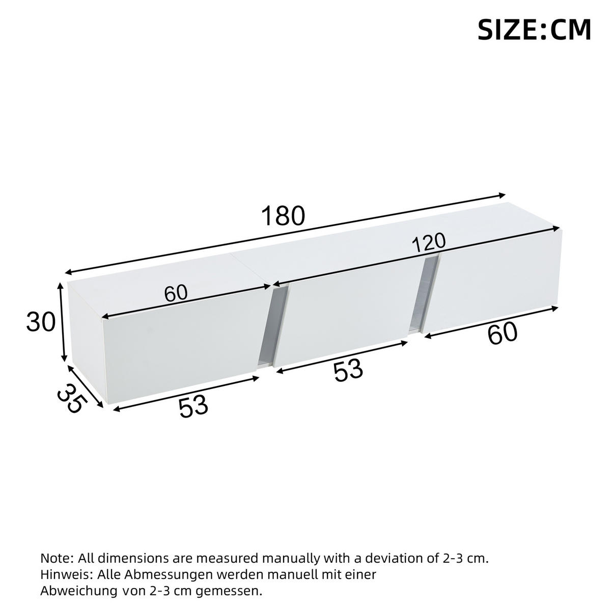 TV-SCHRANK wandmontiert 180 x 35 x 30 cm Hochglanz Weiß mit LED - Weiß, Holzwerkstoff (35/30/180cm) - Beauniv
