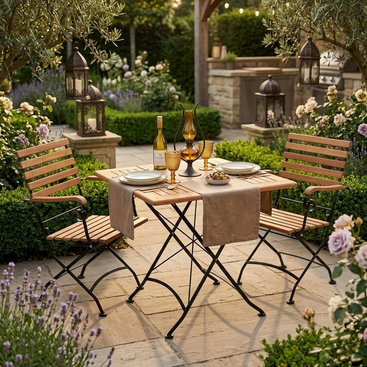 GARTENESSGRUPPE Bad Belzig - 3-teilig (2x Armlehnensessel, 1x Tisch 75cm rund), Gestell Flachstahl schwarz, Latten Eukalyptusholz, - Schwarz, Metall - TPFGarden