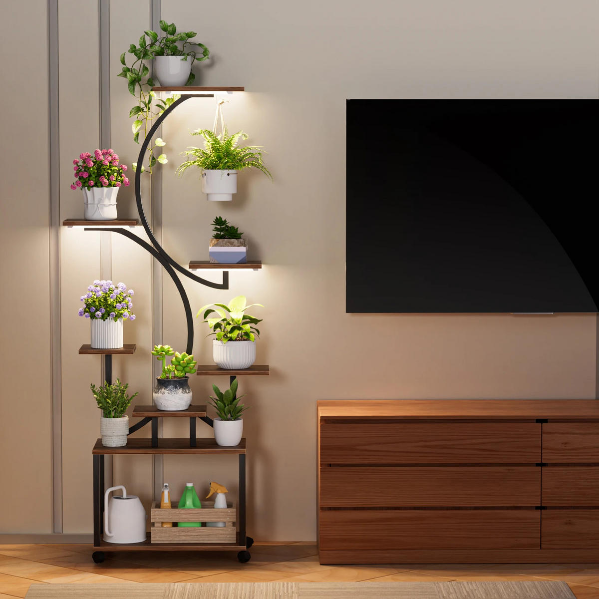 PFLANZENREGAL 8-stufig Baumdesign mit LED & Rollen - Braun, Metall (50/155/26cm) - Kaket