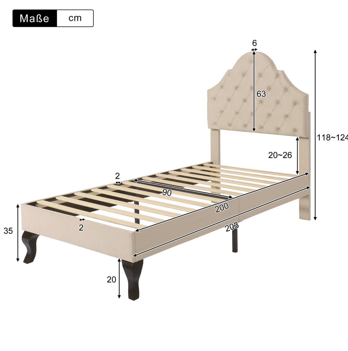 POLSTERBETT aus Samt 90x200 cm Beige mit Lattenrost und höhenverstellbarem Kopfteil - Beige, Textil (90/200cm) - IVMEU