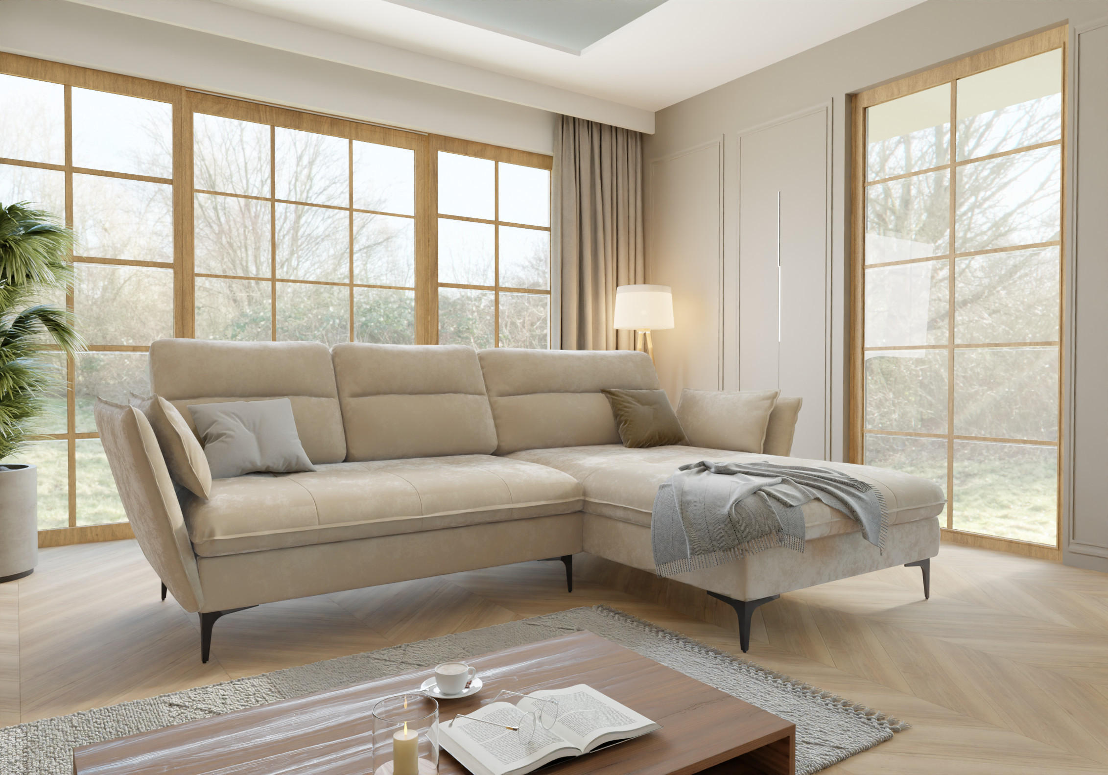 ECKSOFA Mira Beige Samt-Stoff - Beige/Schwarz, Textil/Metall (260/168cm) - S-Style Möbel