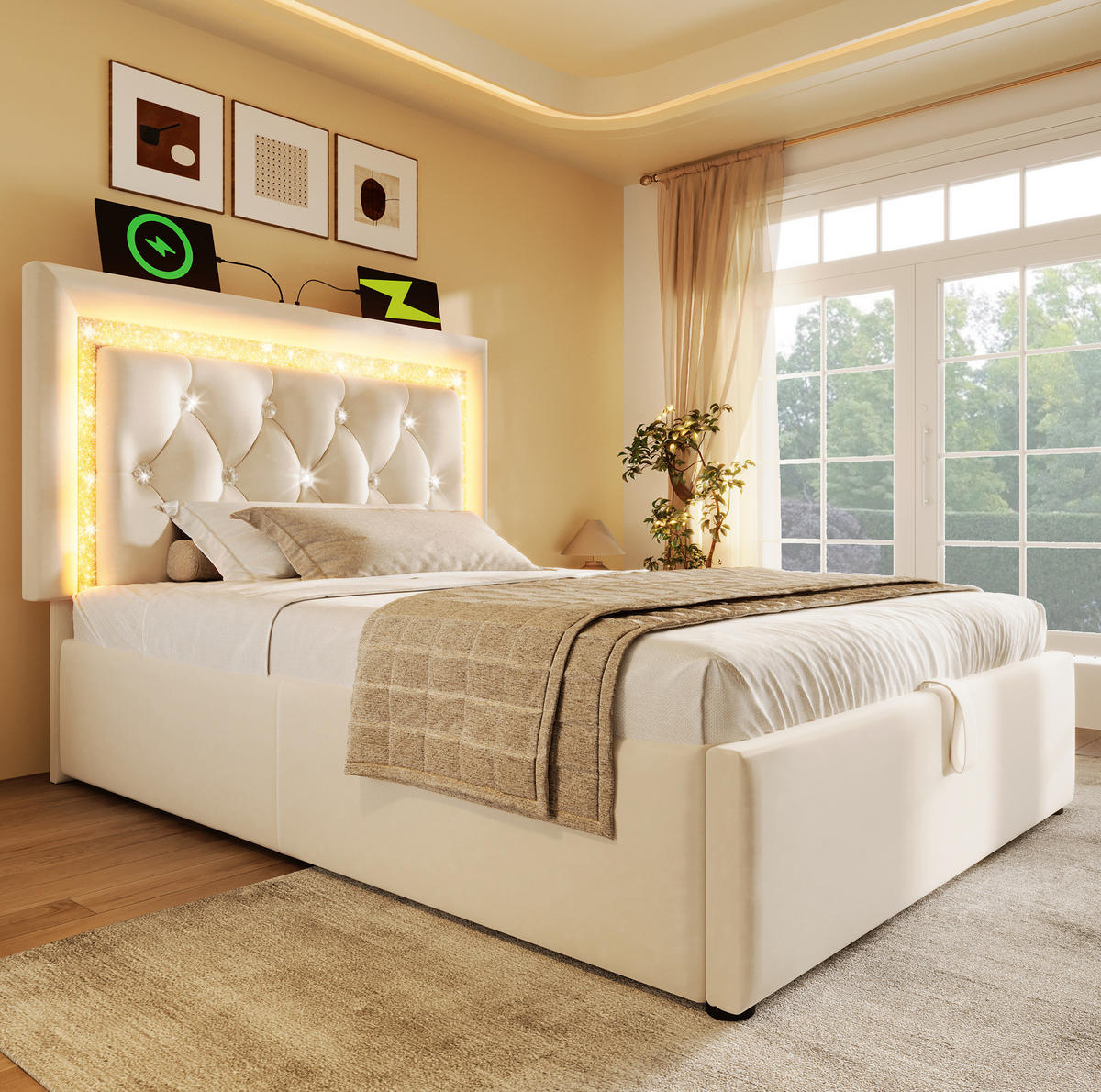 POLSTERBETT aus Samt 90x200 cm in Beige mit LED & Matratze - Beige, Textil (90/200cm) - Modfu