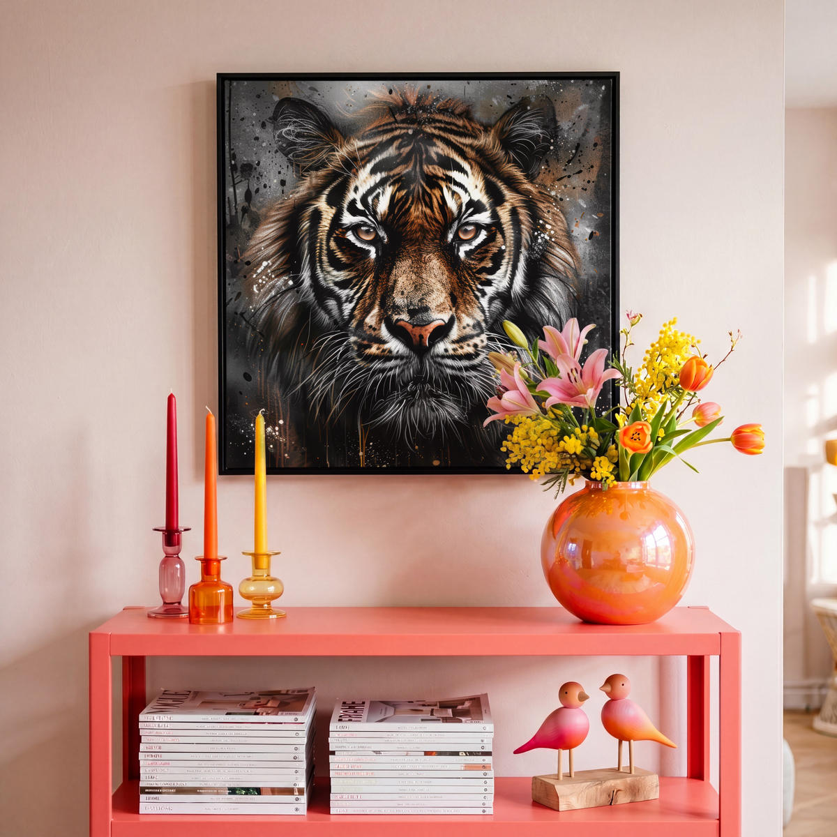 LEINWAND Bilder mit Rahmen - Tiger - Tiere - Porträt - Luxus - Schwarz - 50x50 - Braun, Textil (50/50cm) - MuchoWow