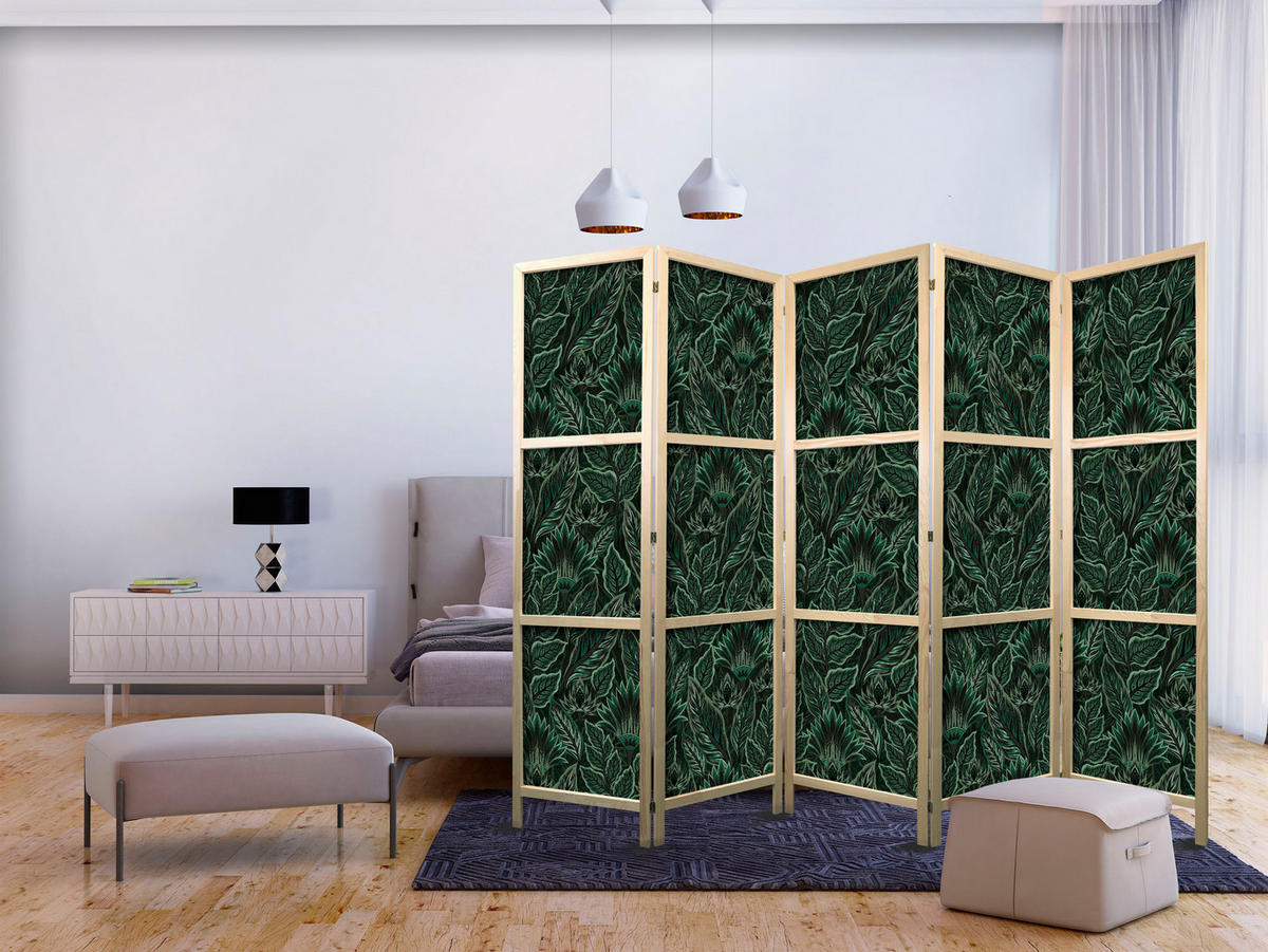 PARAVENT Japanischer 5-tlg 225x172 cm Gr ne Bl tter - Grün, Holz/Textil (225/172/3cm) - Muralo