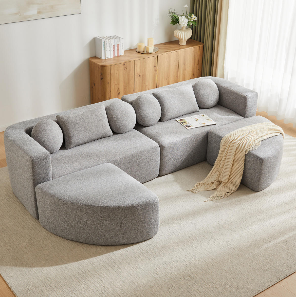 MODULÁRNÍ rozkládací pohovka z chenillu 292x68x165 cm šedá bez montáže s funkcí spaní a měkkým cloud čalouněním - šedá, textil (292/68/165cm) - Modfu
