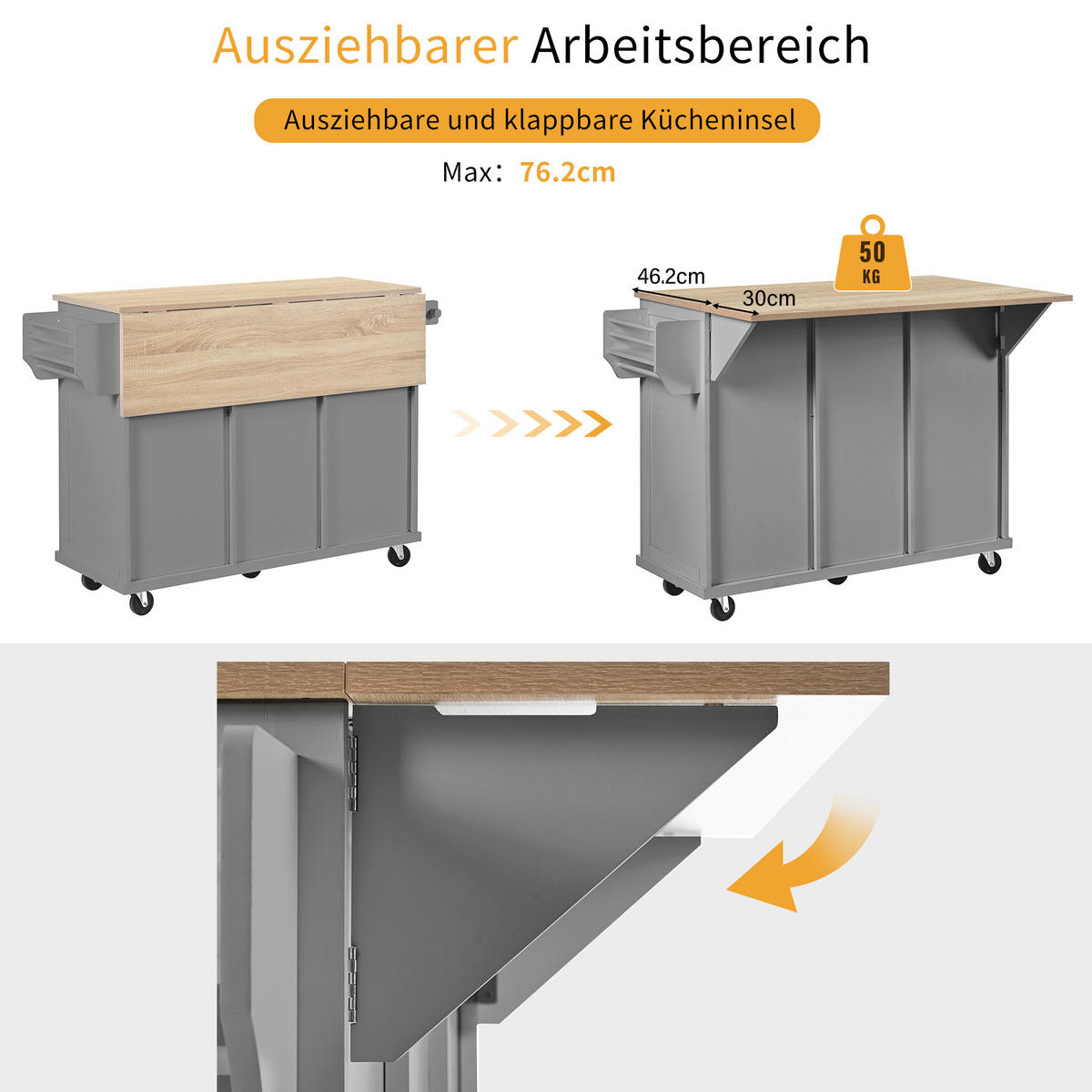 KÜCHENINSEL mit Rollen und Ausziehplatte 112 cm Natur/Grau - Naturfarben, Holz (46.2/92.7/131.2cm) - Beauniv