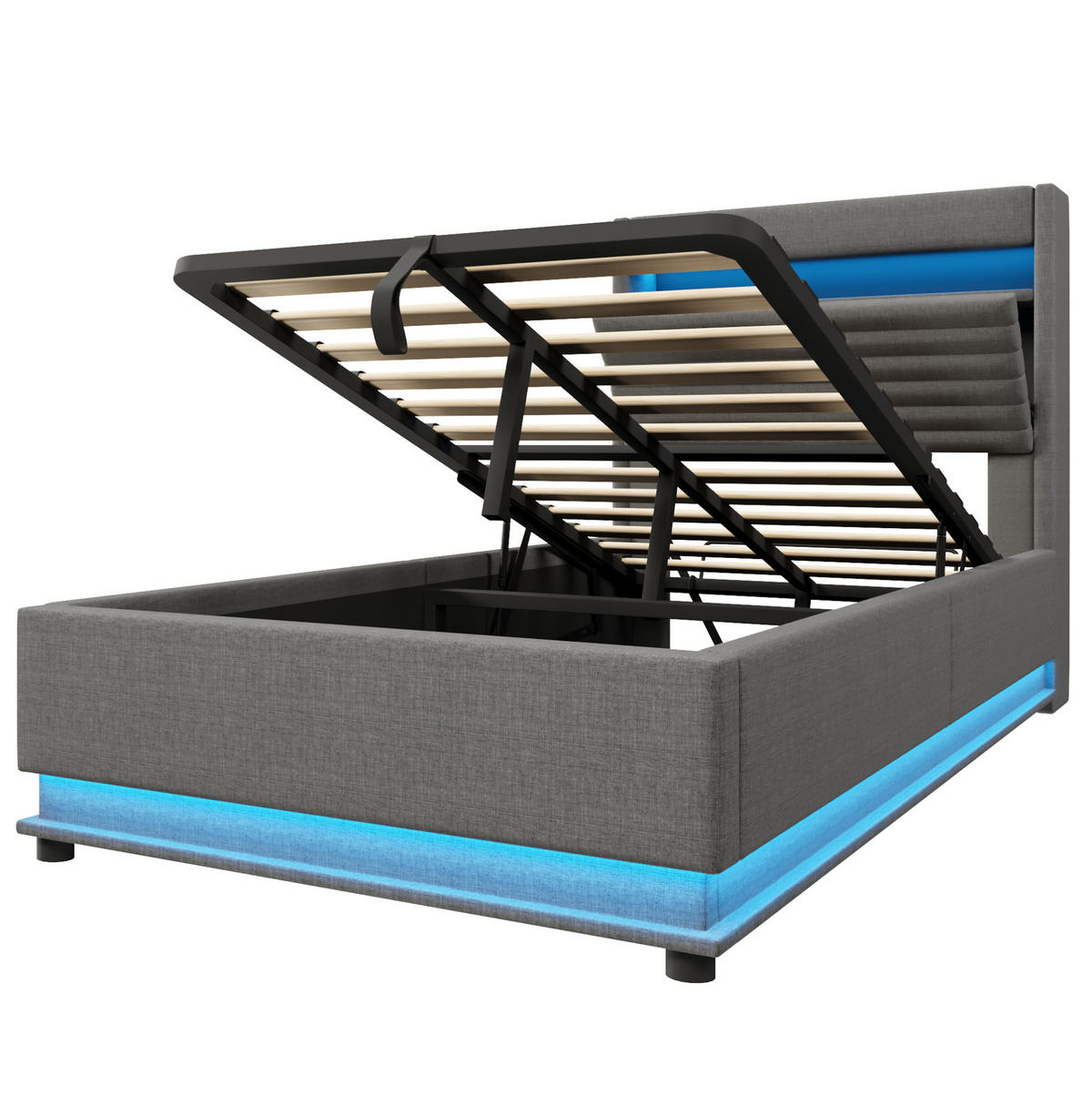 POLSTERBETT 90/200 cm Grau mit LED-Beleuchtung, USB- und Typ-C-Anschluss, hydraulischem Stauraum und Ablage - Grau, Textil (90/200cm) - OKMYHOME