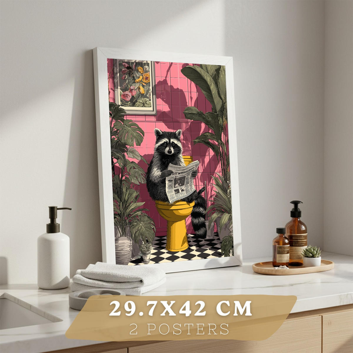 PLAKÁT Sada 2 zábavných obrazů zvířat v koupelně Bílý rám A3 - bílá, papír (42/29.7/3cm) - Nacnic