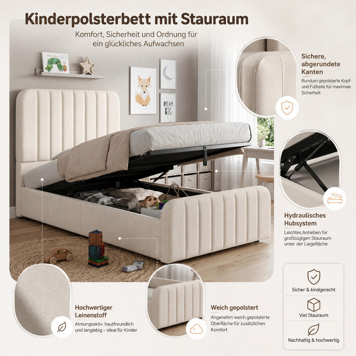 POLSTERBETT 90/200 cm in Beige mit Bettkasten, hydraulischer Hebefunktion, gepolstertem Kopfteil aus Leinen - Beige, Holzwerkstoff/Textil - STILVORA